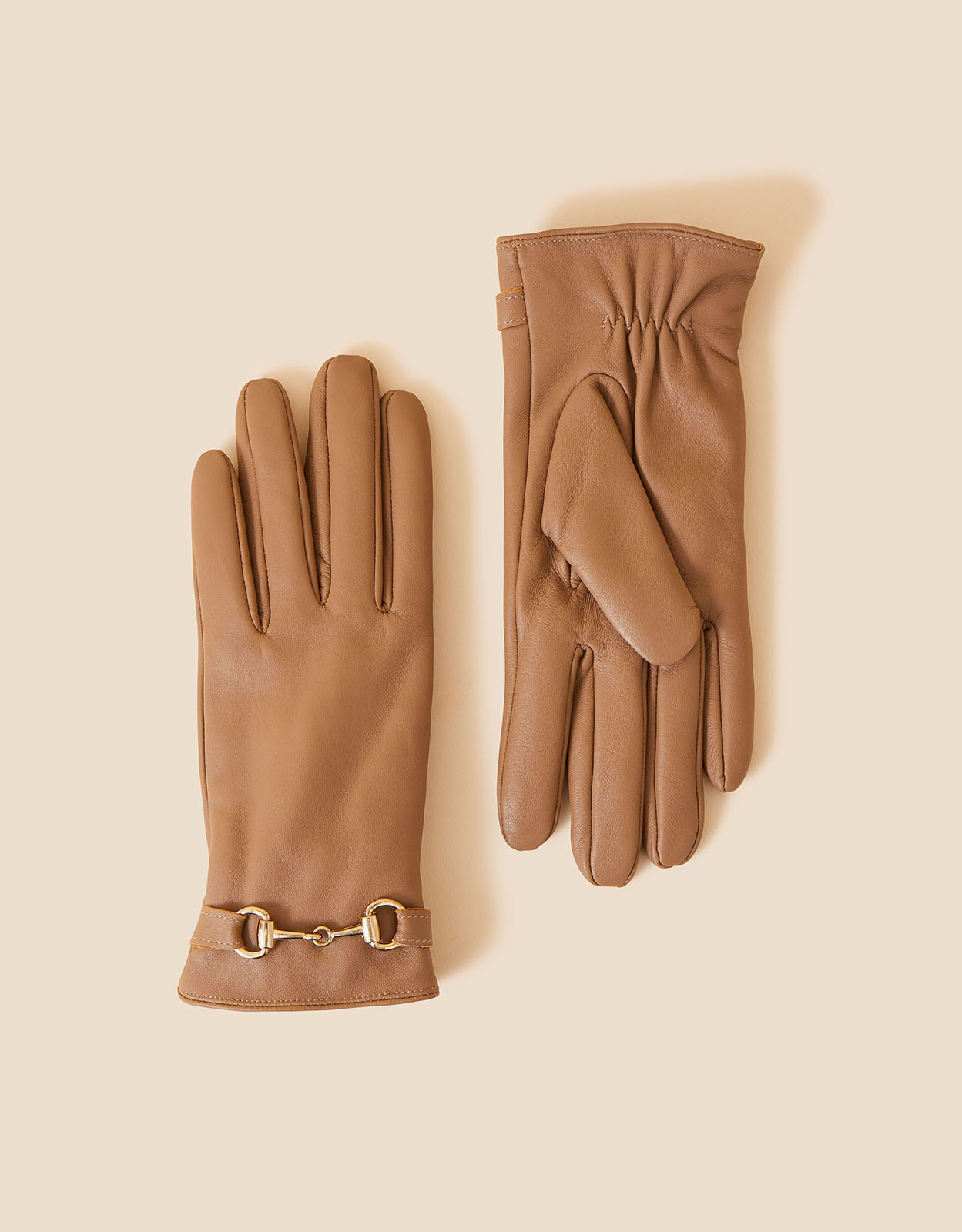 Accessorize Women's Camel Leather Horsebit Gloves, Size: Small/Medium