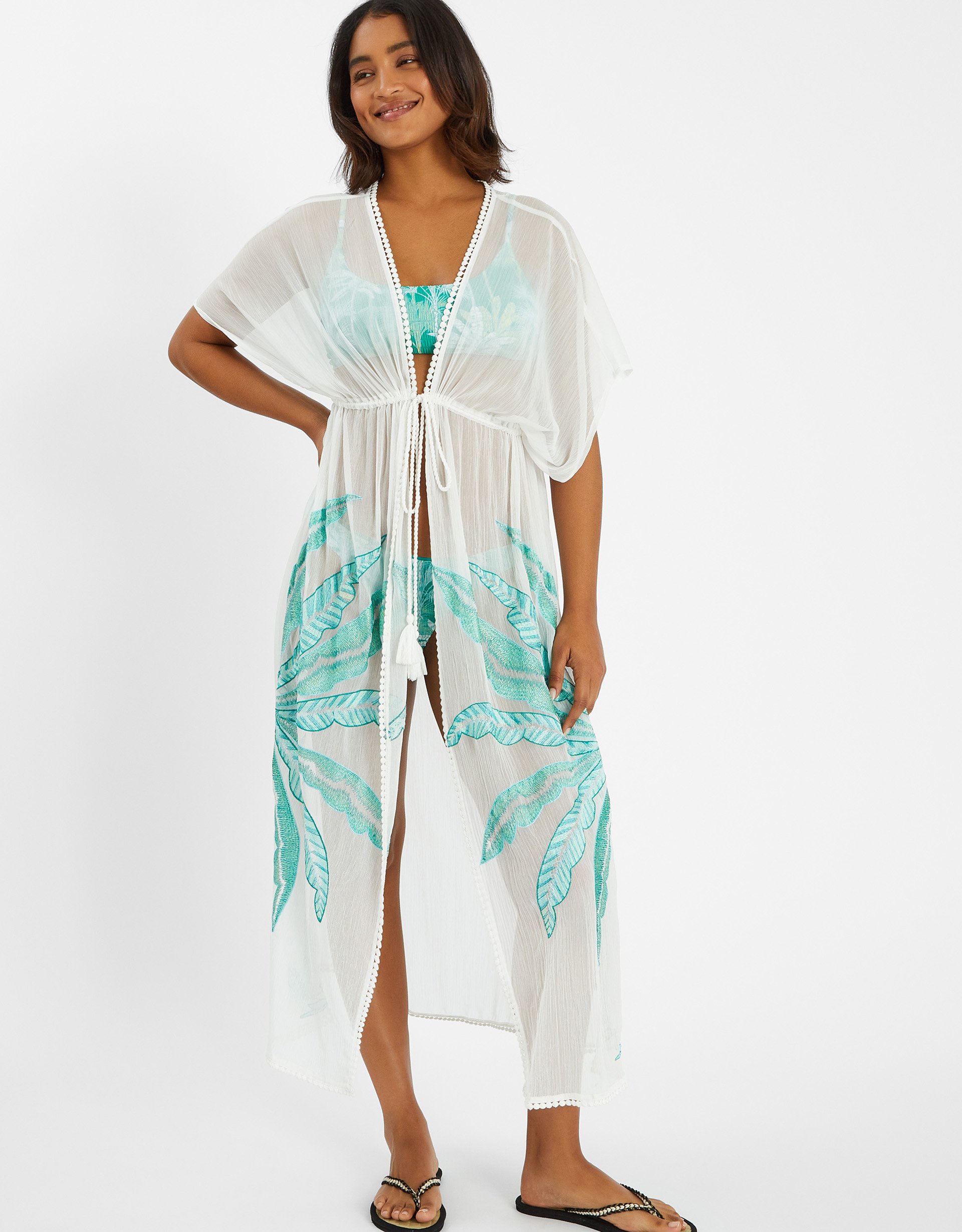 Palm Embroidered Kaftan Ivory, Size: S - Accessorize