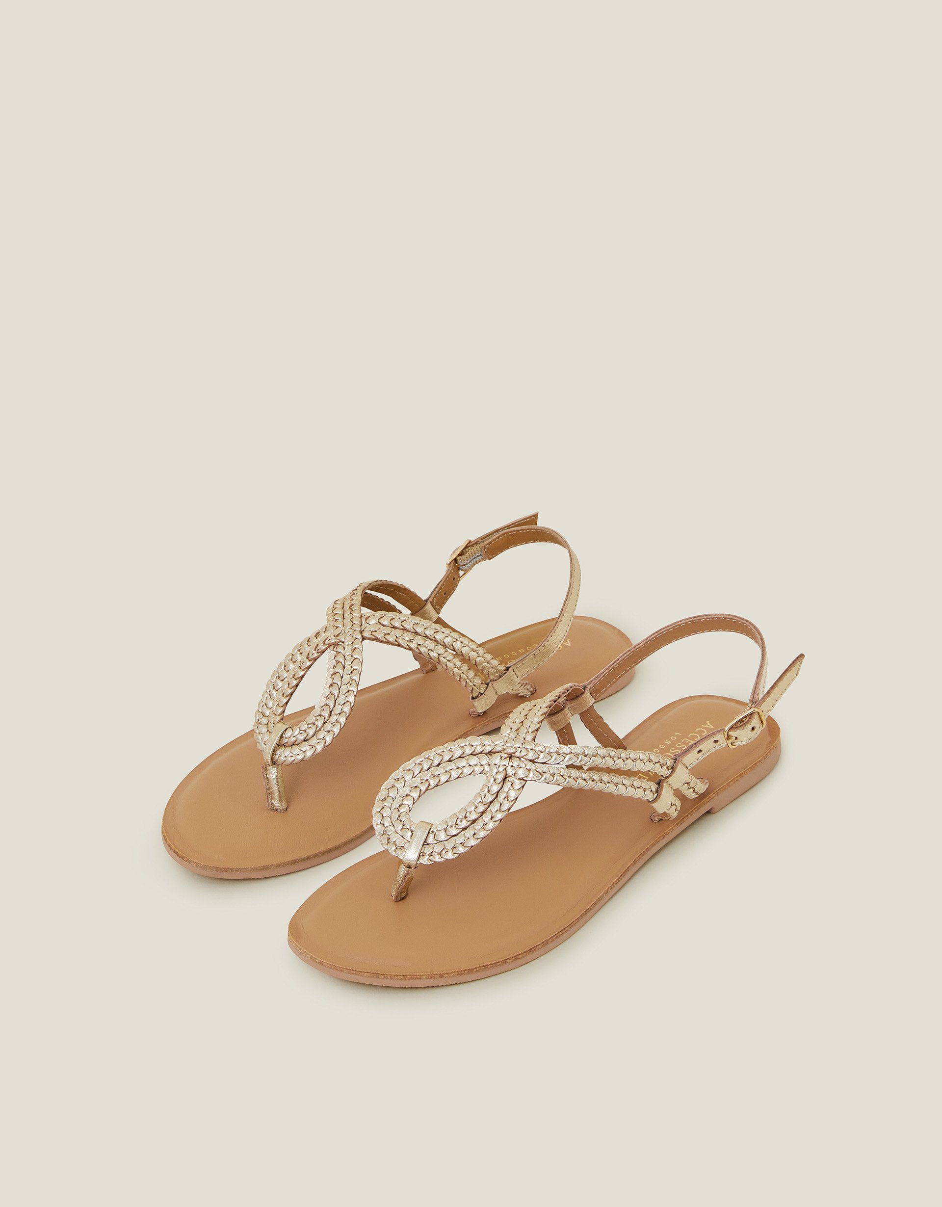 Plaited Loop Leather Sandals Gold, Size: 38, Women's - Accessorize