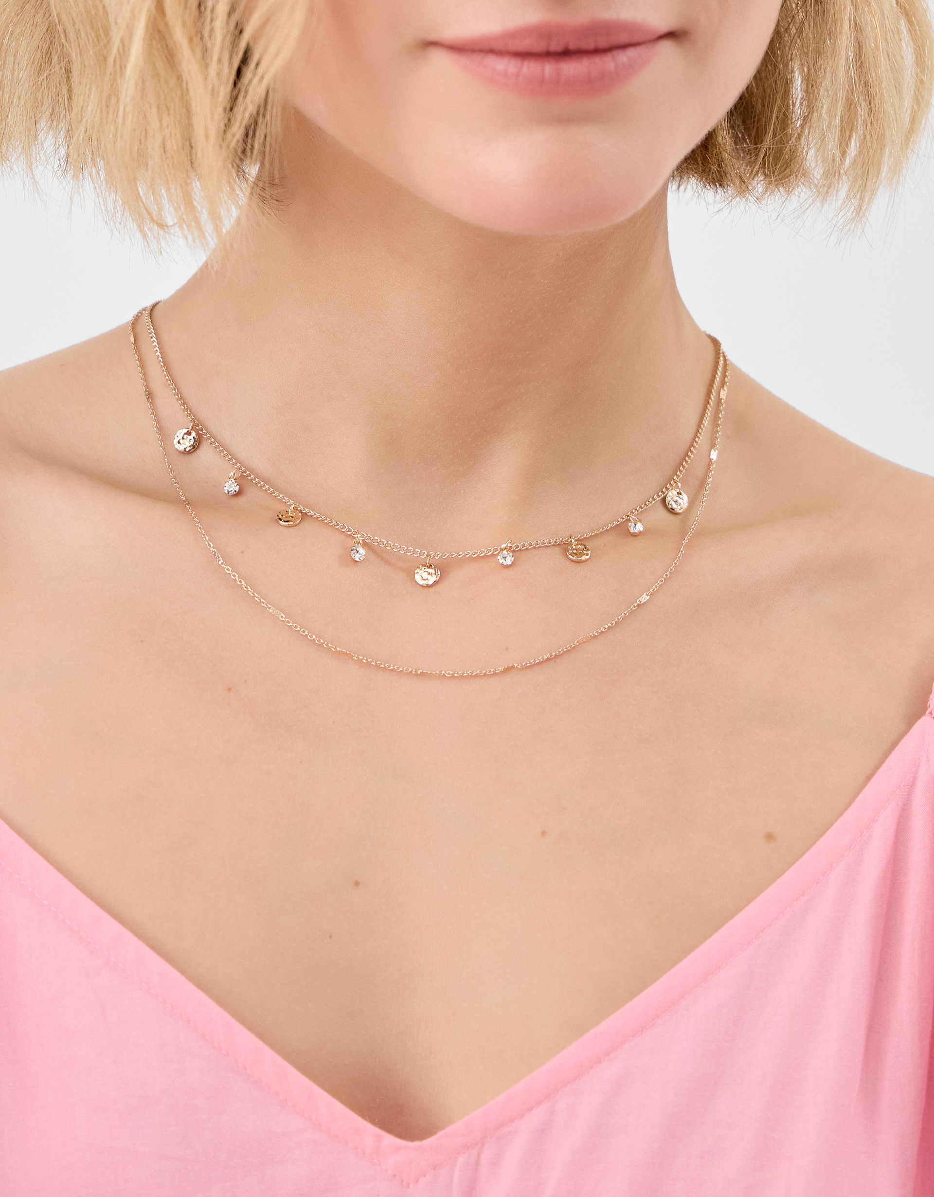 Gold Textured Disc Layered Necklace - Accessorize