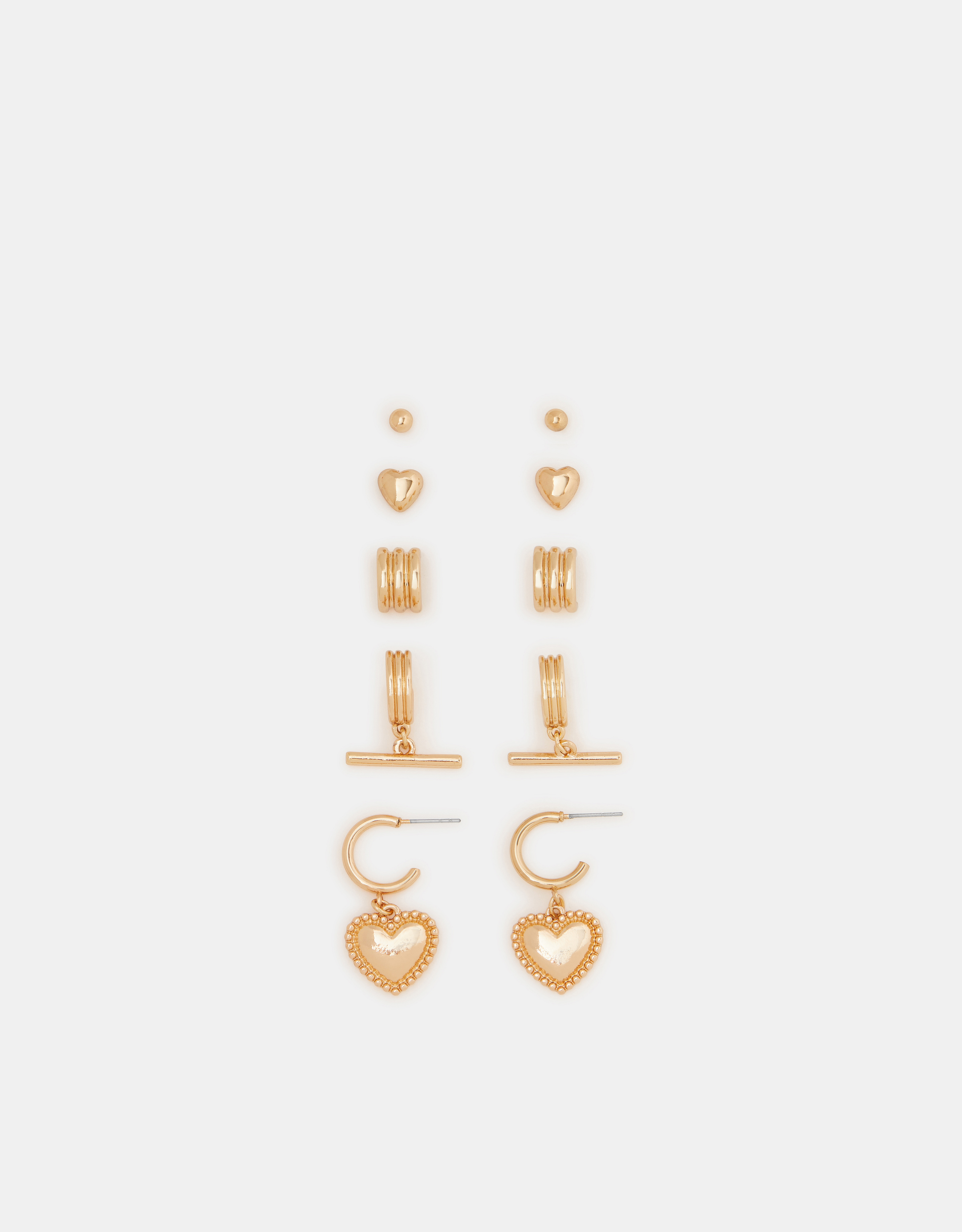 Gold 5-Pack T-bar & Heart Hoop Stud Earrings - Accessorize