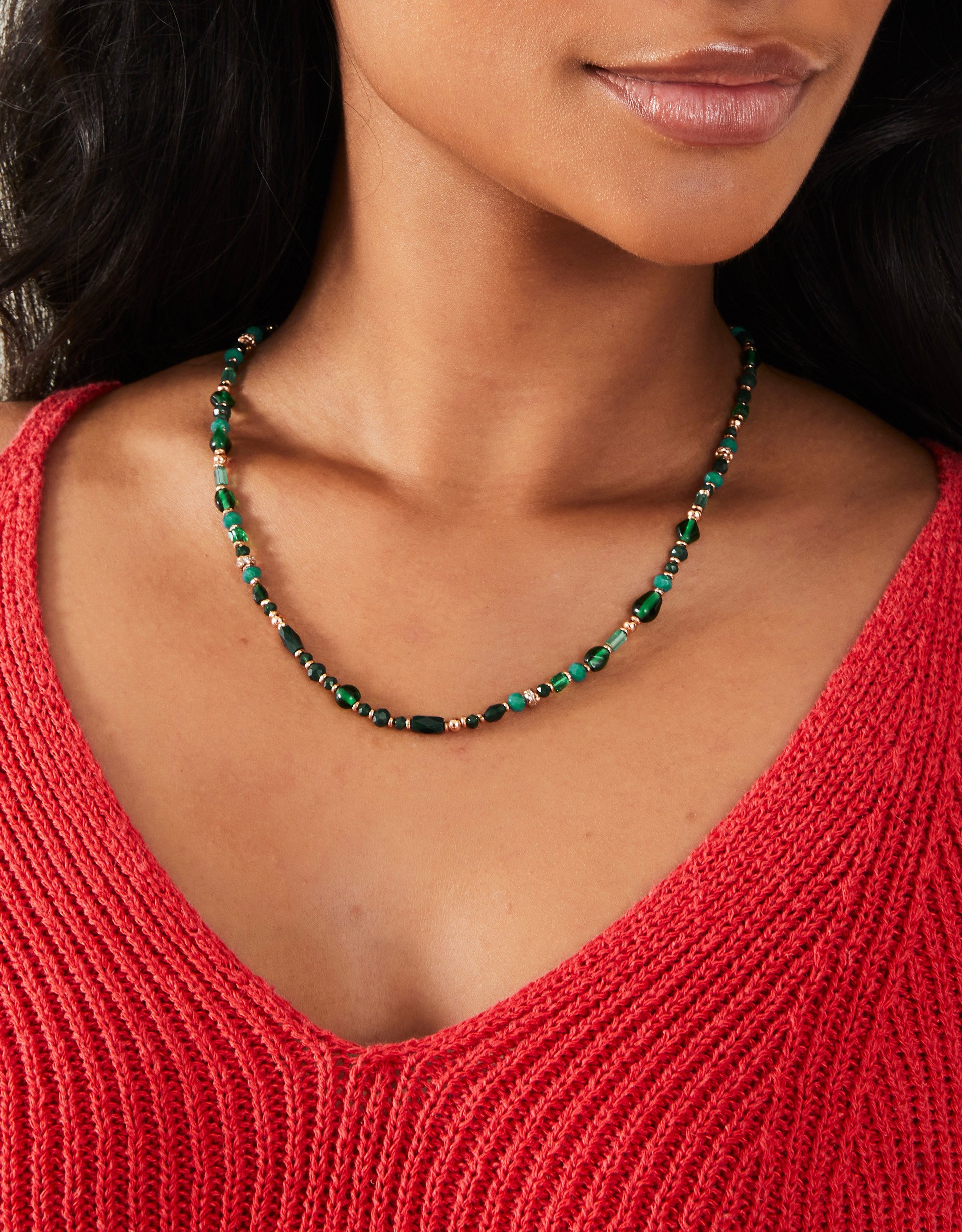 Green/blue/gold Mix Bead Necklace, Size: 22cm, Women's - Accessorize