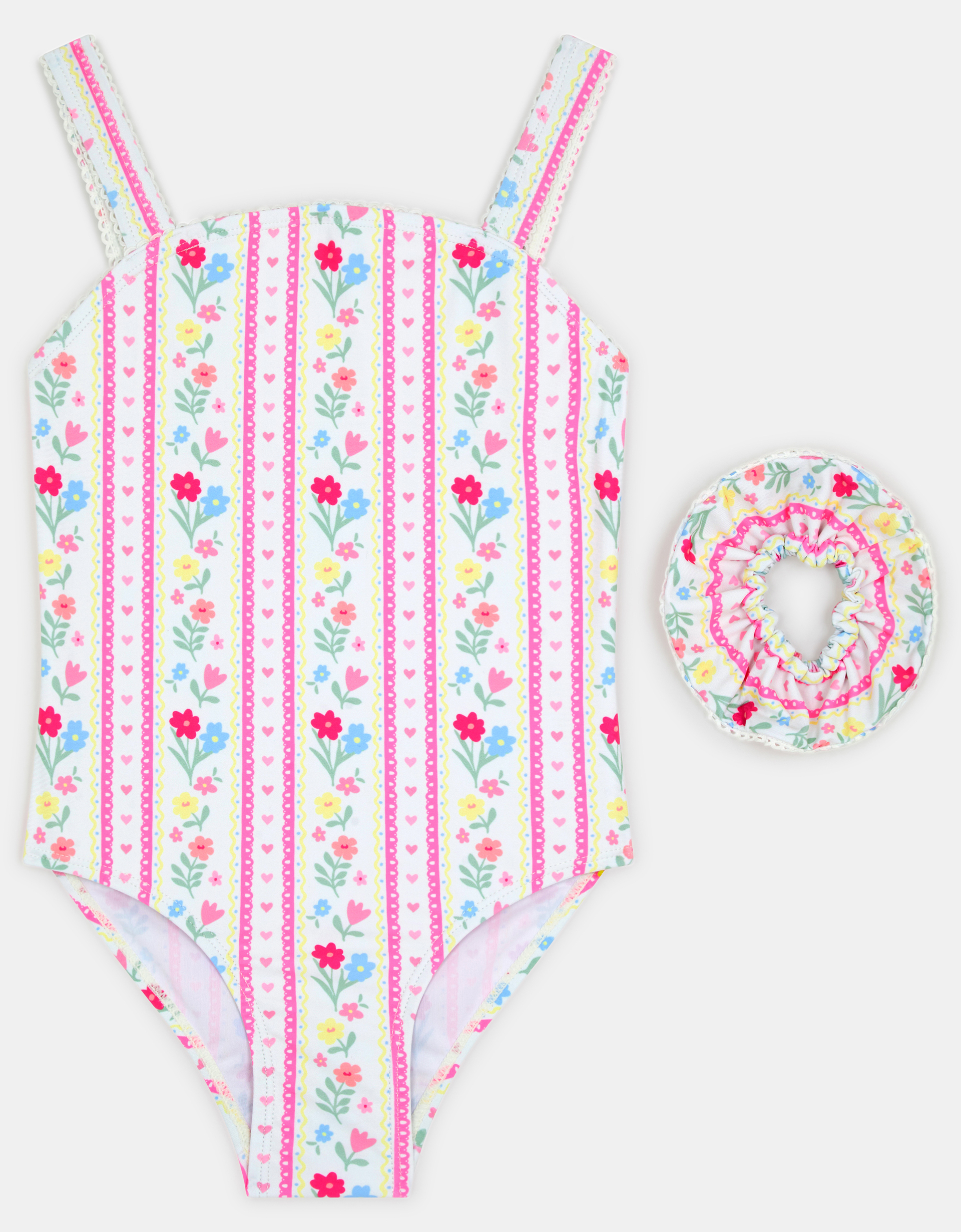 Accessorize Kids Sleeveless Low Back Floral Print Girls Swimsuit & Hair Scrunchie Set Multi, White & Pink, Size: 11-12 Years
