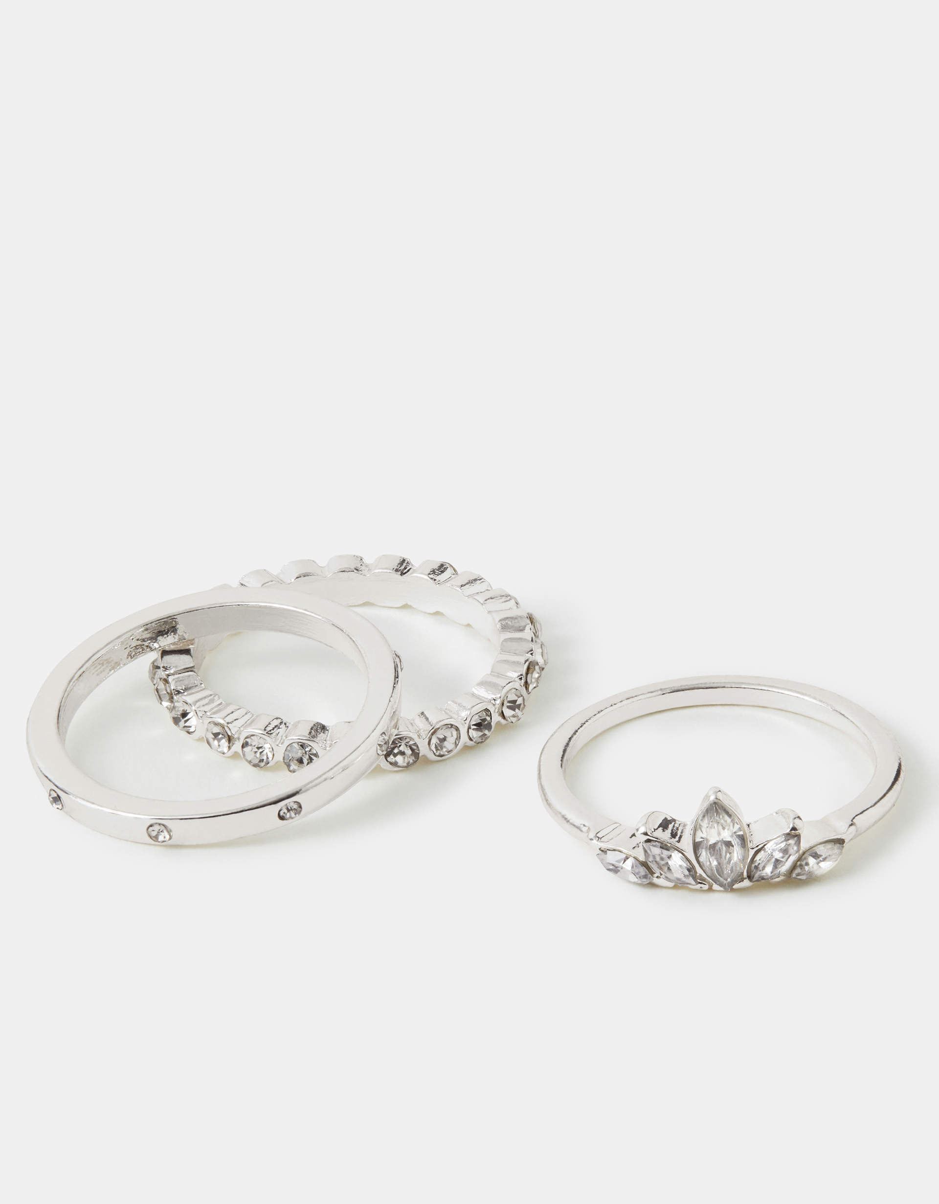 Accessorize 3-Pack Diamanté Stacking Rings, Silver, Size: M