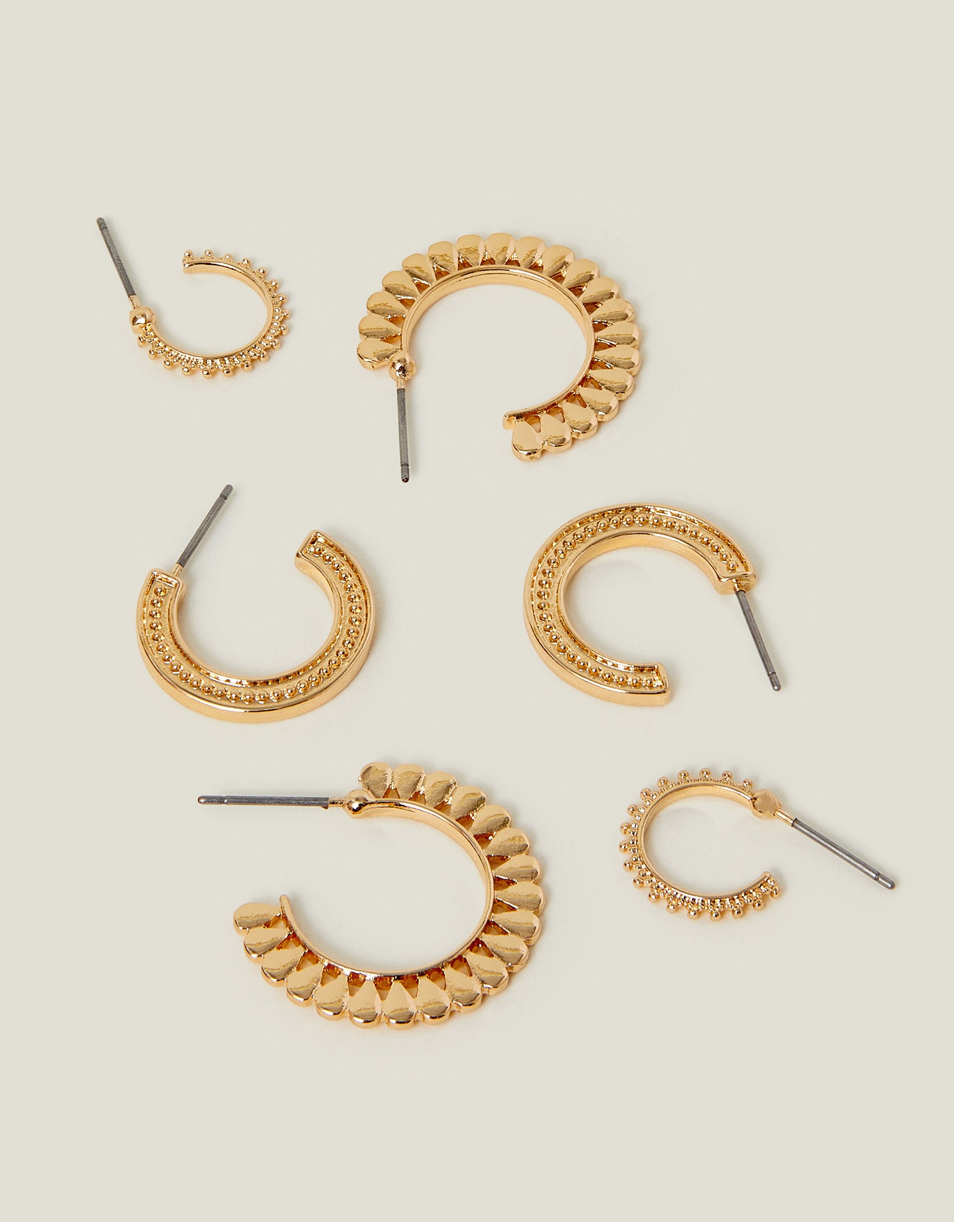 3-Pack Mix Texture Hoop Earrings Gold - Accessorize