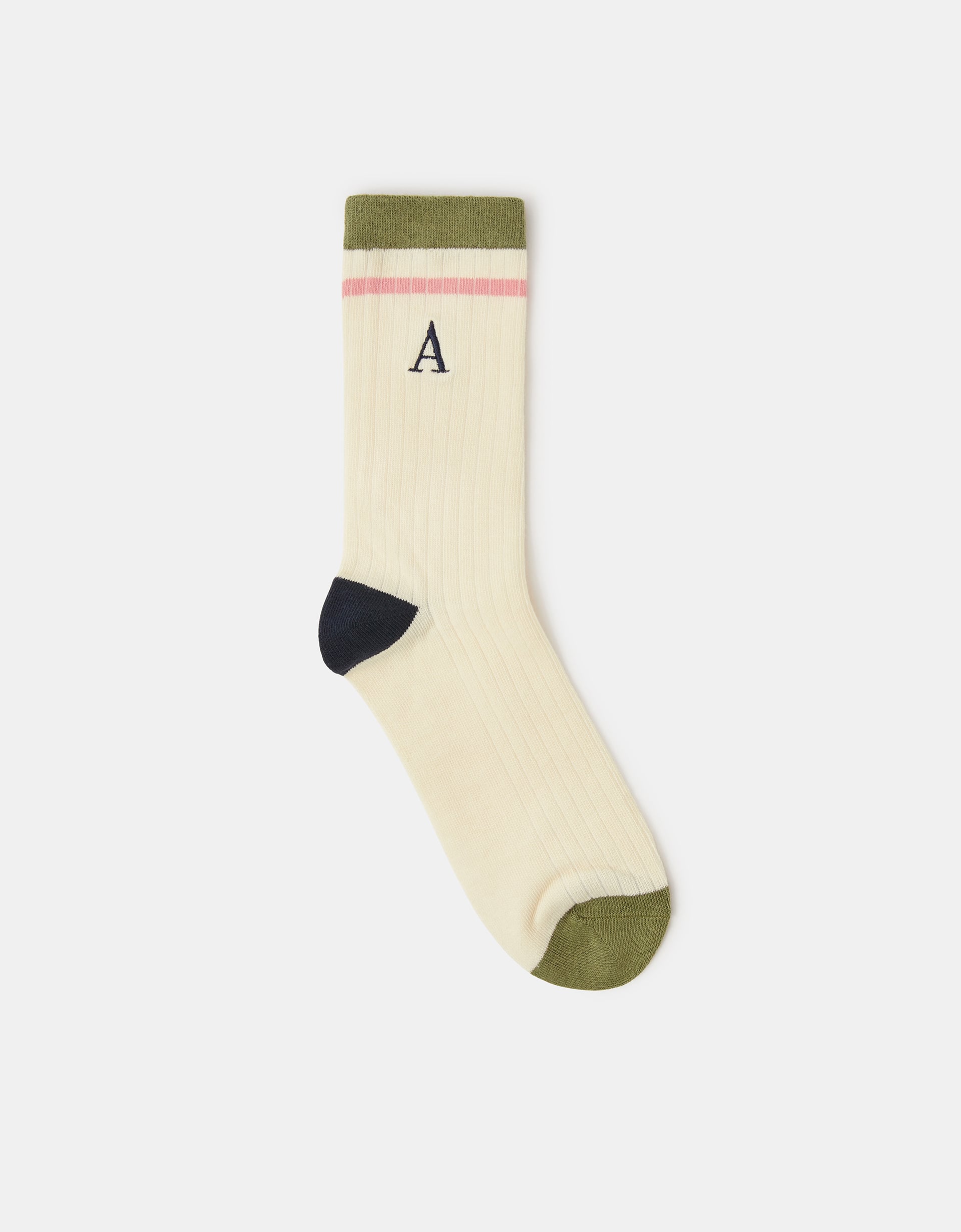 Accessorize Cotton Embroidered Initial Socks Multi, Cream & Green, Size: 15x8cm