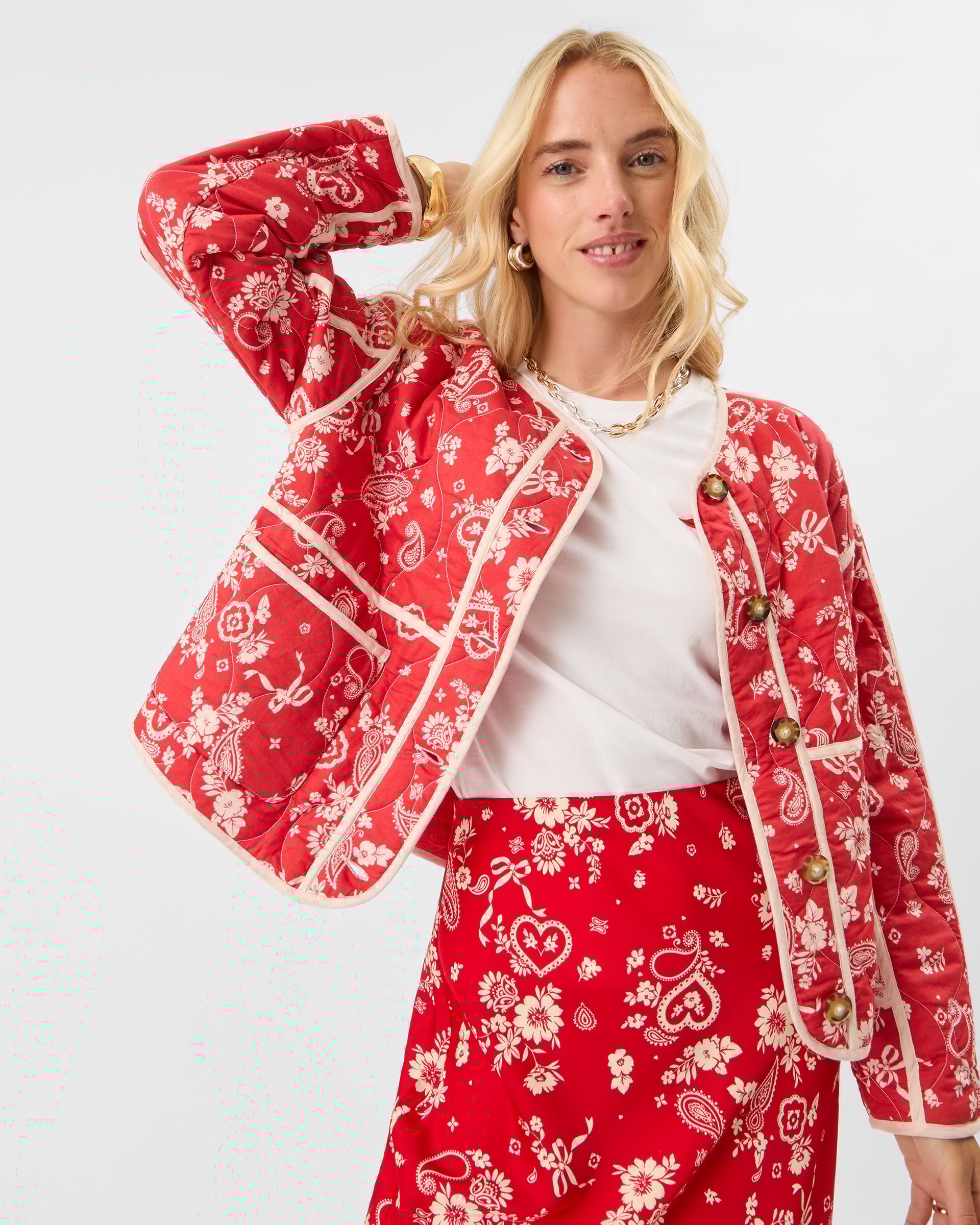 Red & White Cotton Paisley Print Quilted Jacket, Size: S, Women's - Accessorize