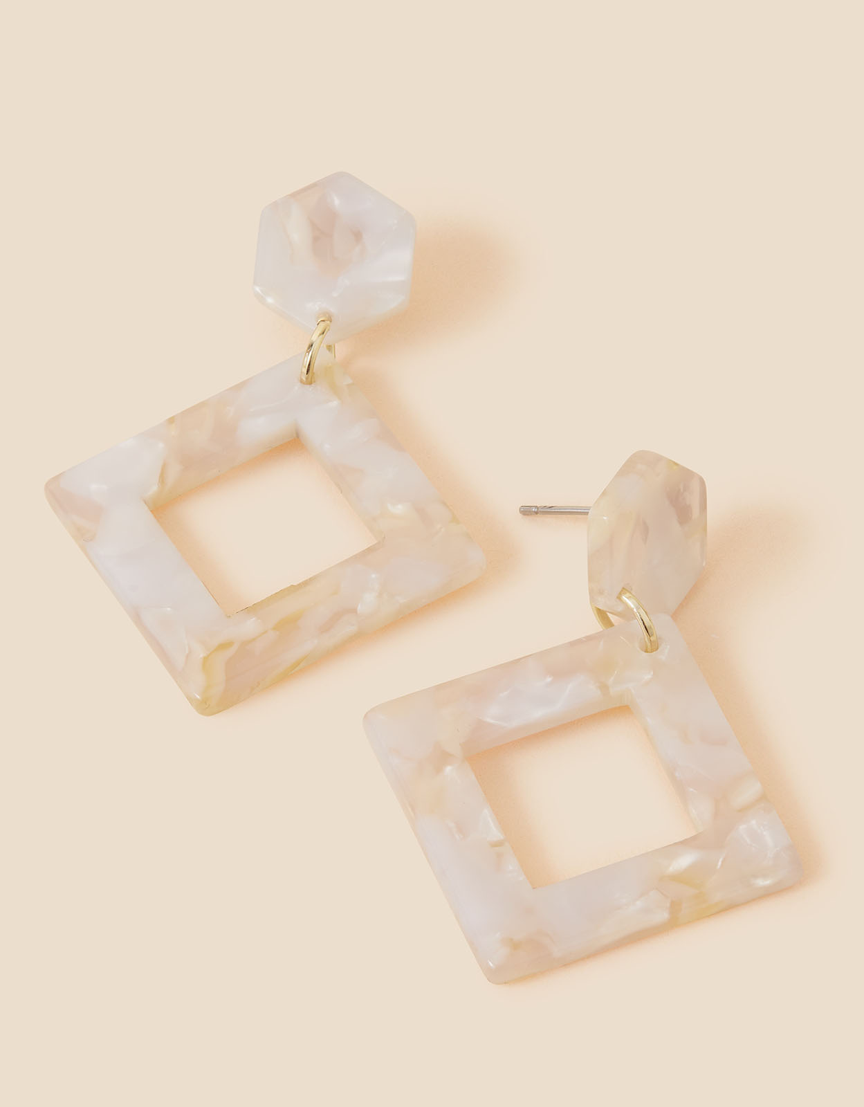 Accessorize Women's White/Light Brown Marbled Resin Square Drop Earrings, Size: L 5 cm