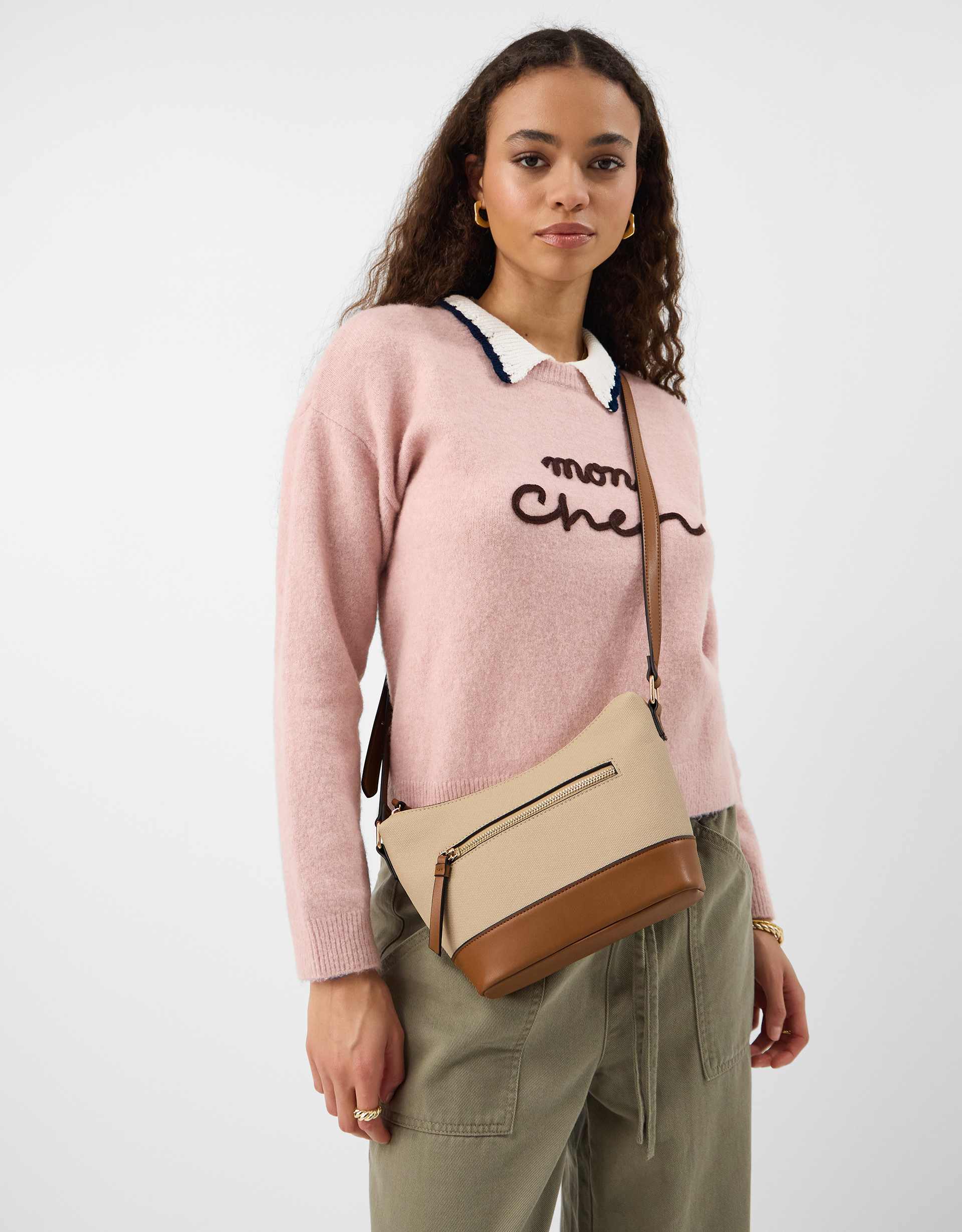 Tan Two Tone Canvas Crossbody Bag