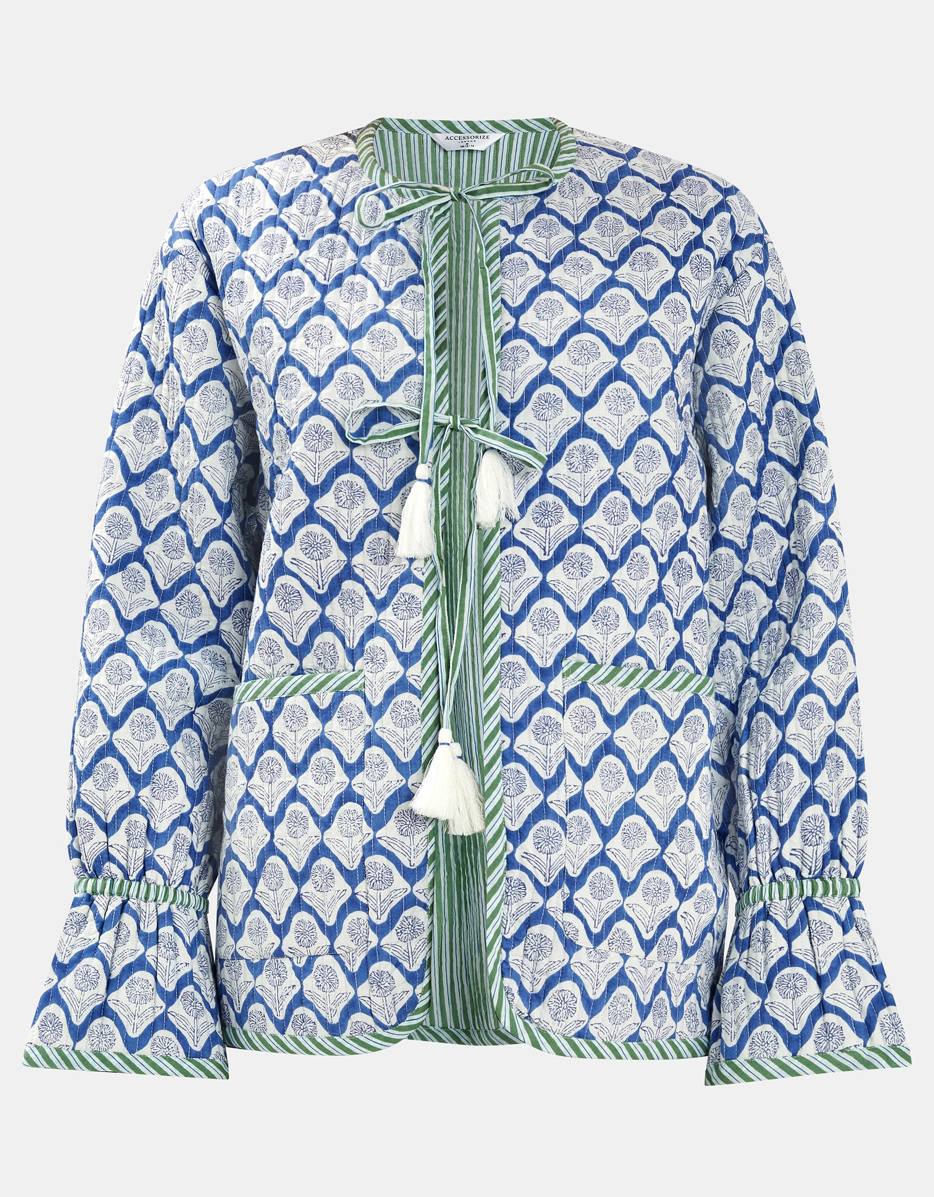 Dandelion Print Tie Quilted Jacket Blue, Size: M - Accessorize