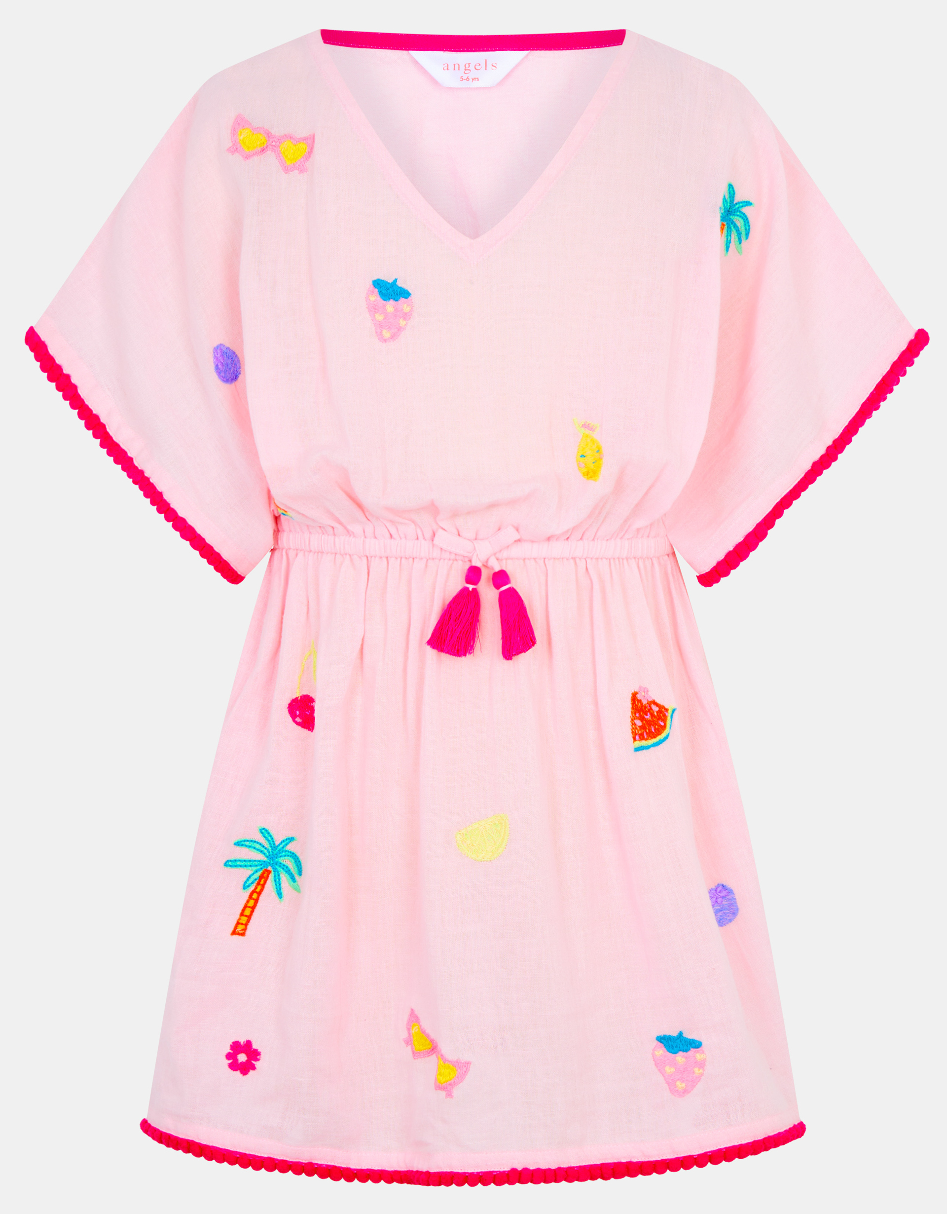 Accessorize Cotton Embroidered Girls Fruit Kaftan, Pink, Size: 9-10 Years