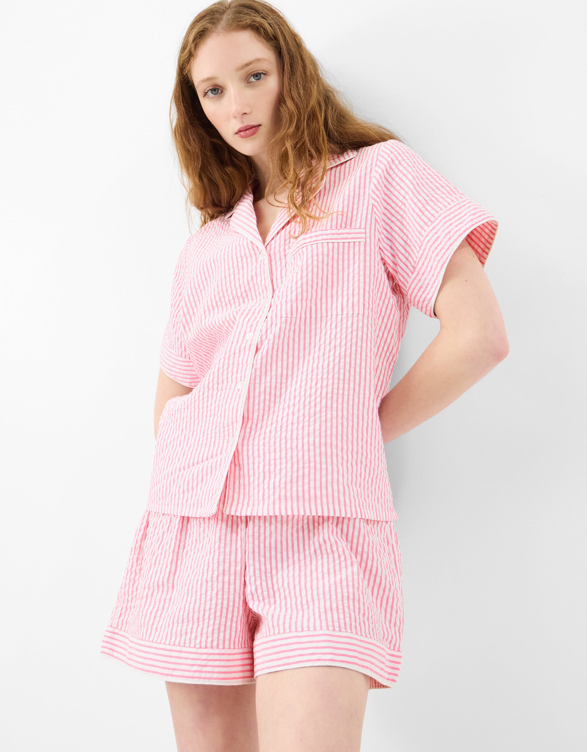 Accessorize Short Sleeve Collared Neck Cotton Striped Stripe Seersucker Pyjamas Set Pink, & White, Size: L