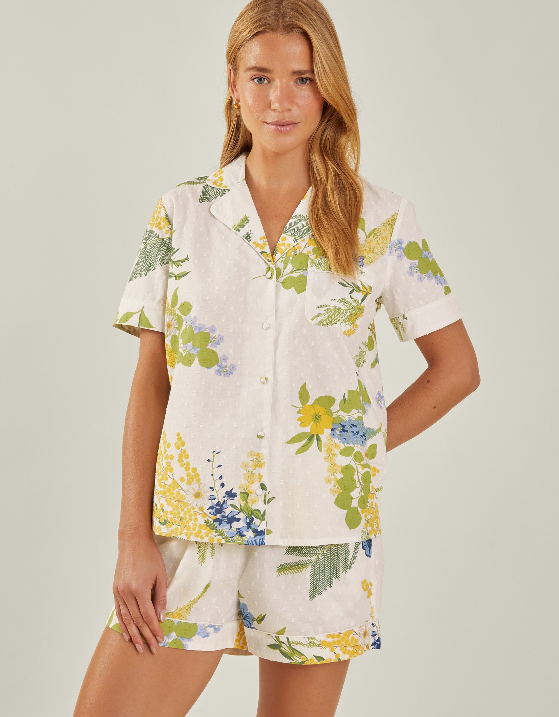 Cream, Green & Yellow Cotton Floral Print Short Pyjamas Set, Size: M, Women's - Accessorize