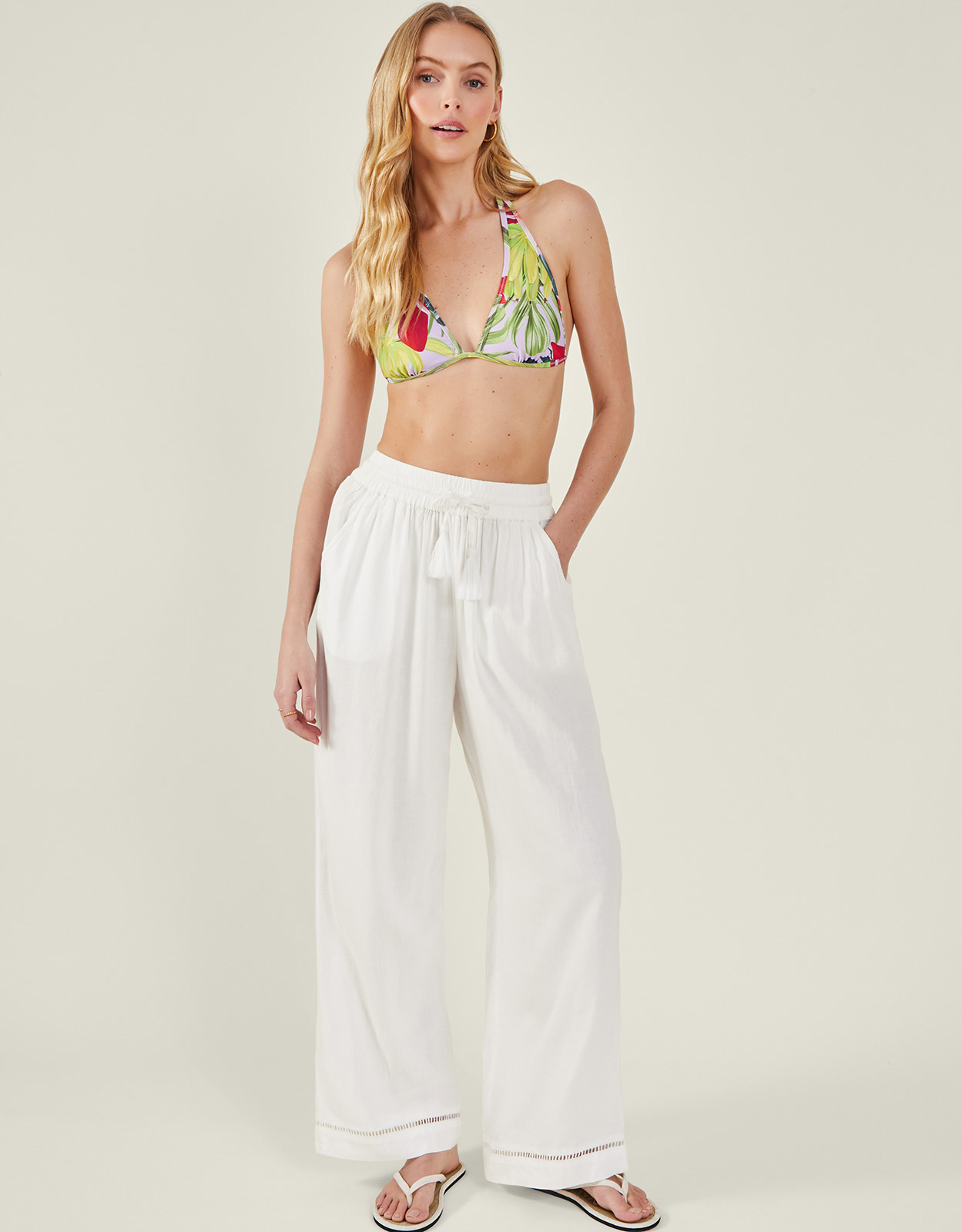 Embroidered Wide Leg Trousers White, Size: L, Women's - Accessorize