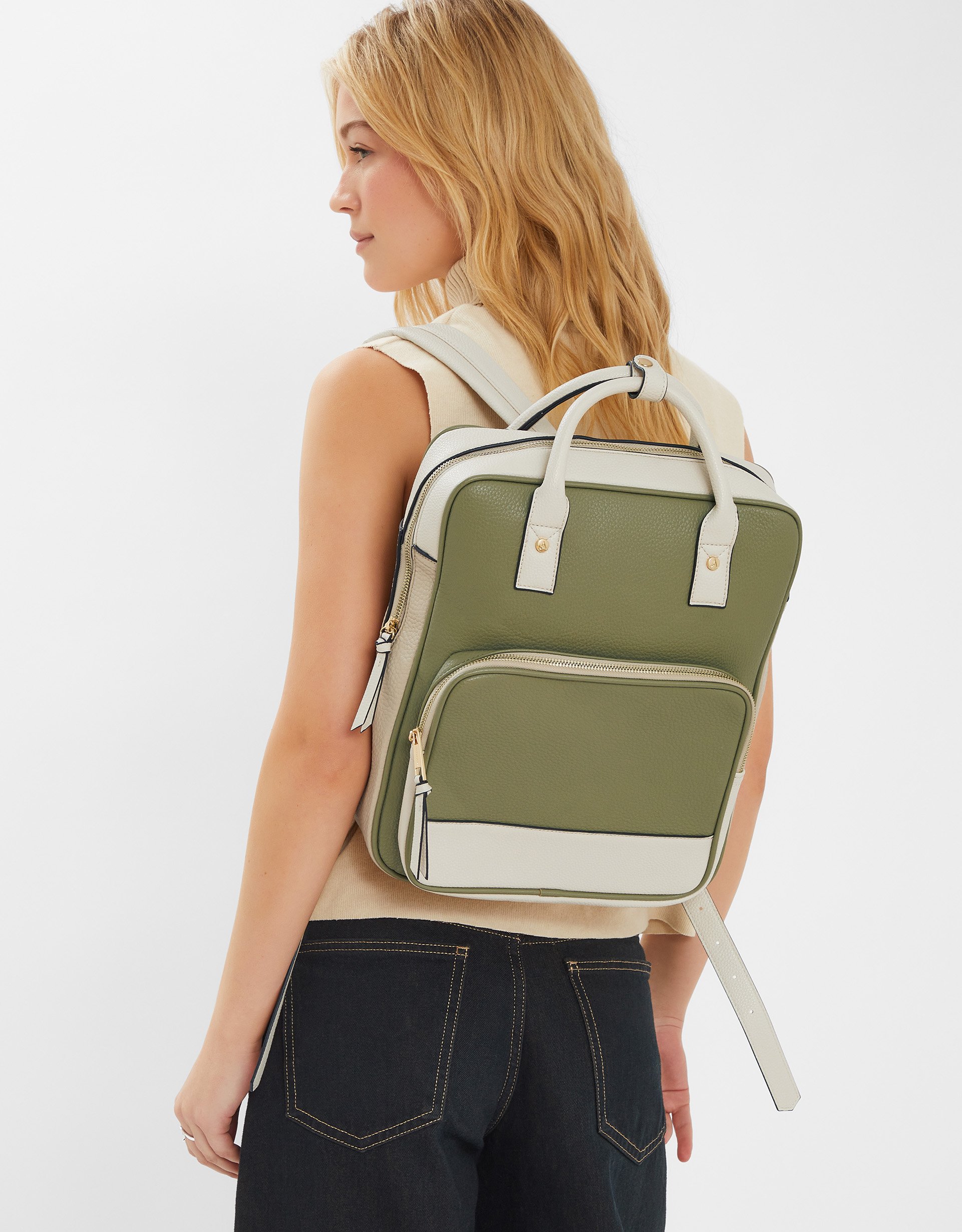 Green & Cream Two-tone Top Handle Faux Leather Backpack, Size: 29x8x35cm, Women's - Accessorize