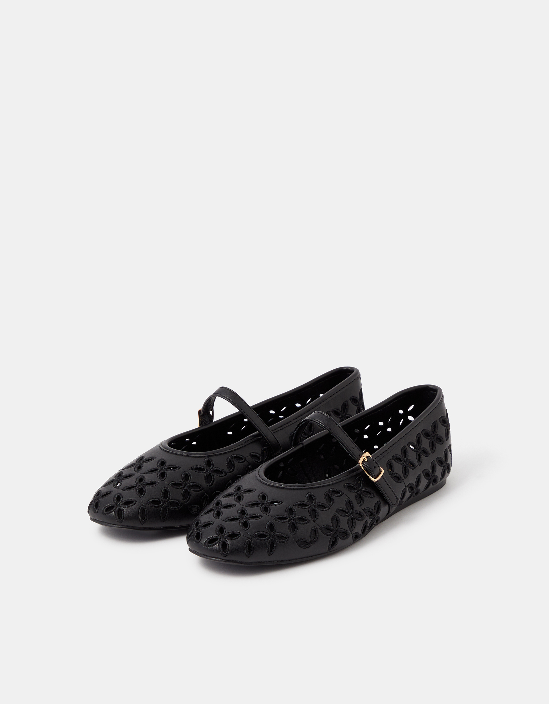 Accessorize Floral Cut Out Mary Jane Ballet Flats, Black, Size: 39