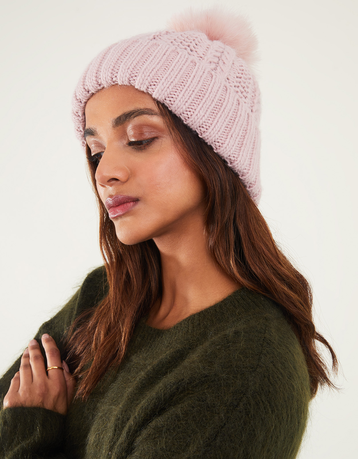 Accessorize Women's Pink Knitted Chunky Knit Pom-Pom Beanie, Size: One Size