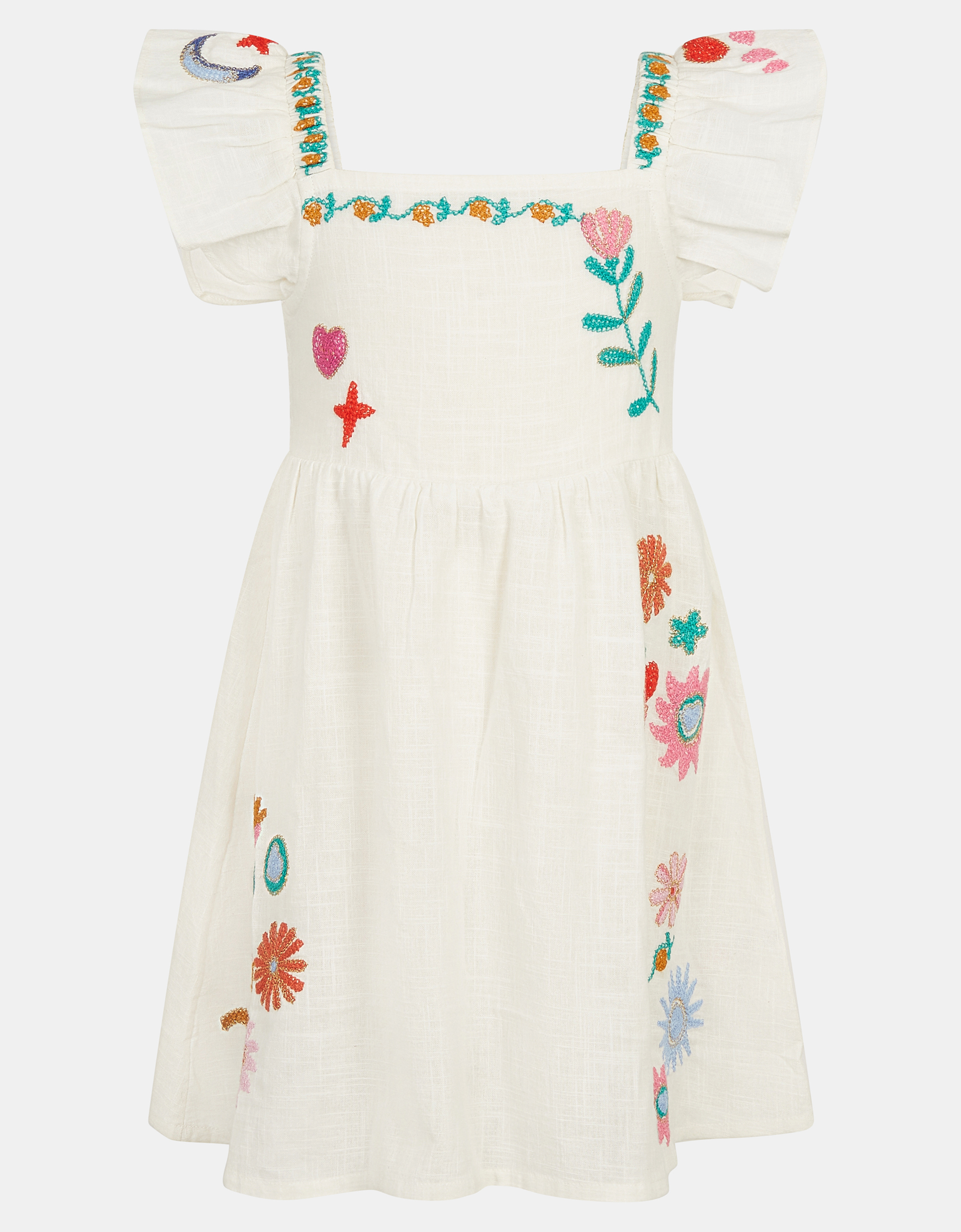 Accessorize Girl's Mini Cotton Embroidered Ruffle Sleeveless Square Neck Beach Dress Multi, Cream & Green, Size: 9-10 Years