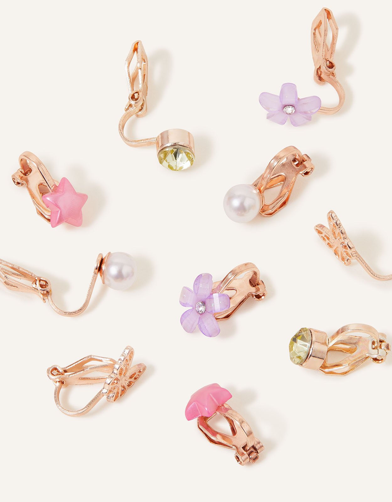 Gold/pink/green Girls Pretty Clip On Earrings 5 Pack, Size: 2cm, Girl's - Accessorize