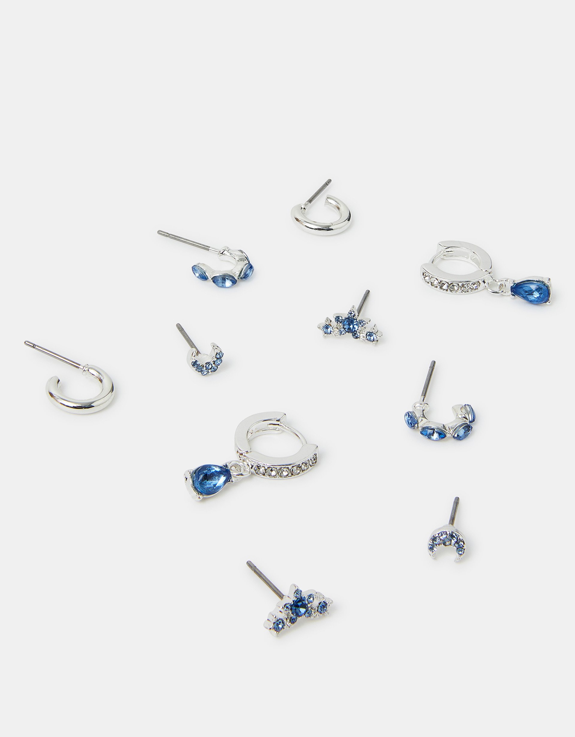 Blue 5-Pack Diamante Gem Stud and Hoop Earrings Silver - Accessorize