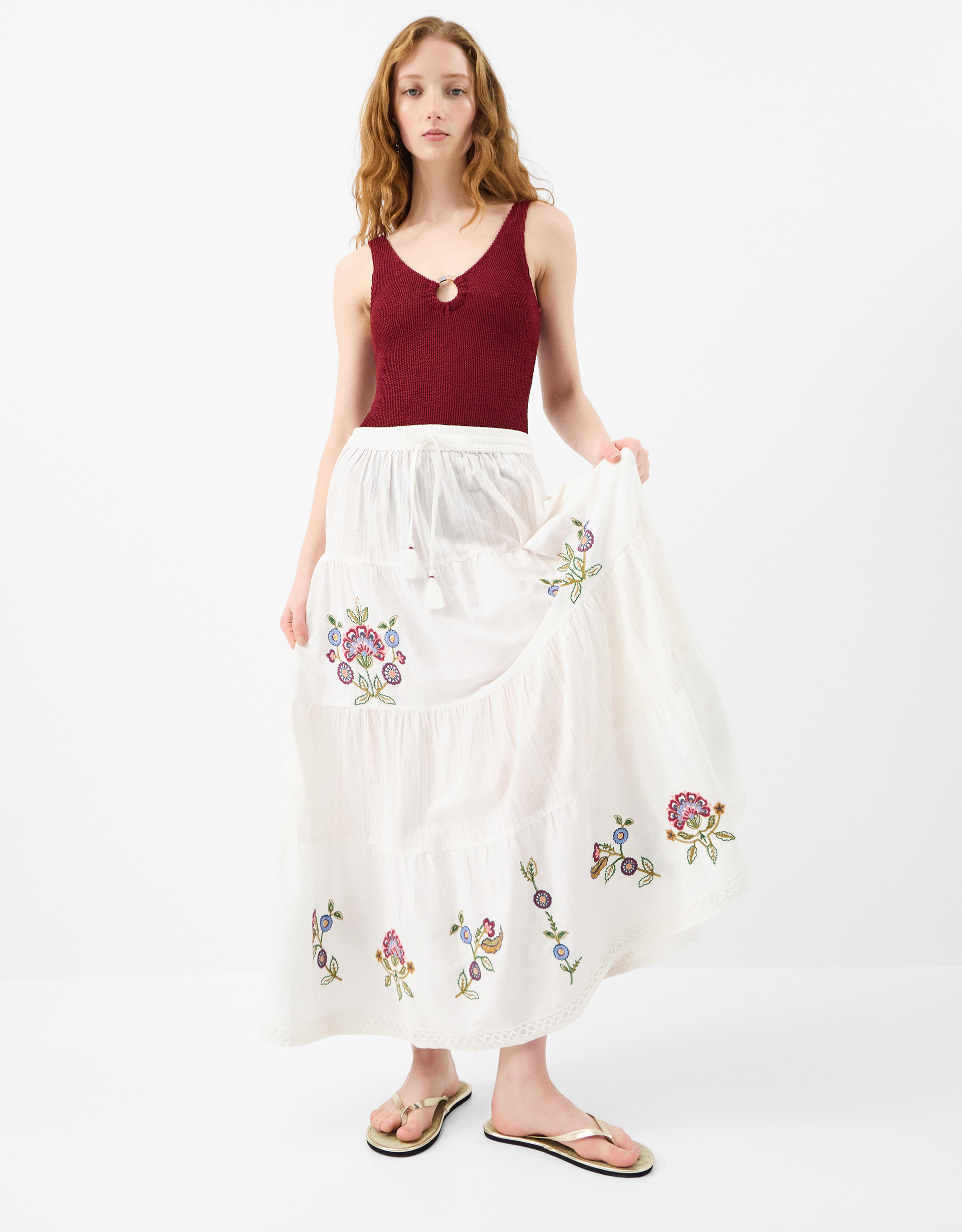 Floral Embroidered Tiered Maxi Skirt Ivory, Size: L - Accessorize
