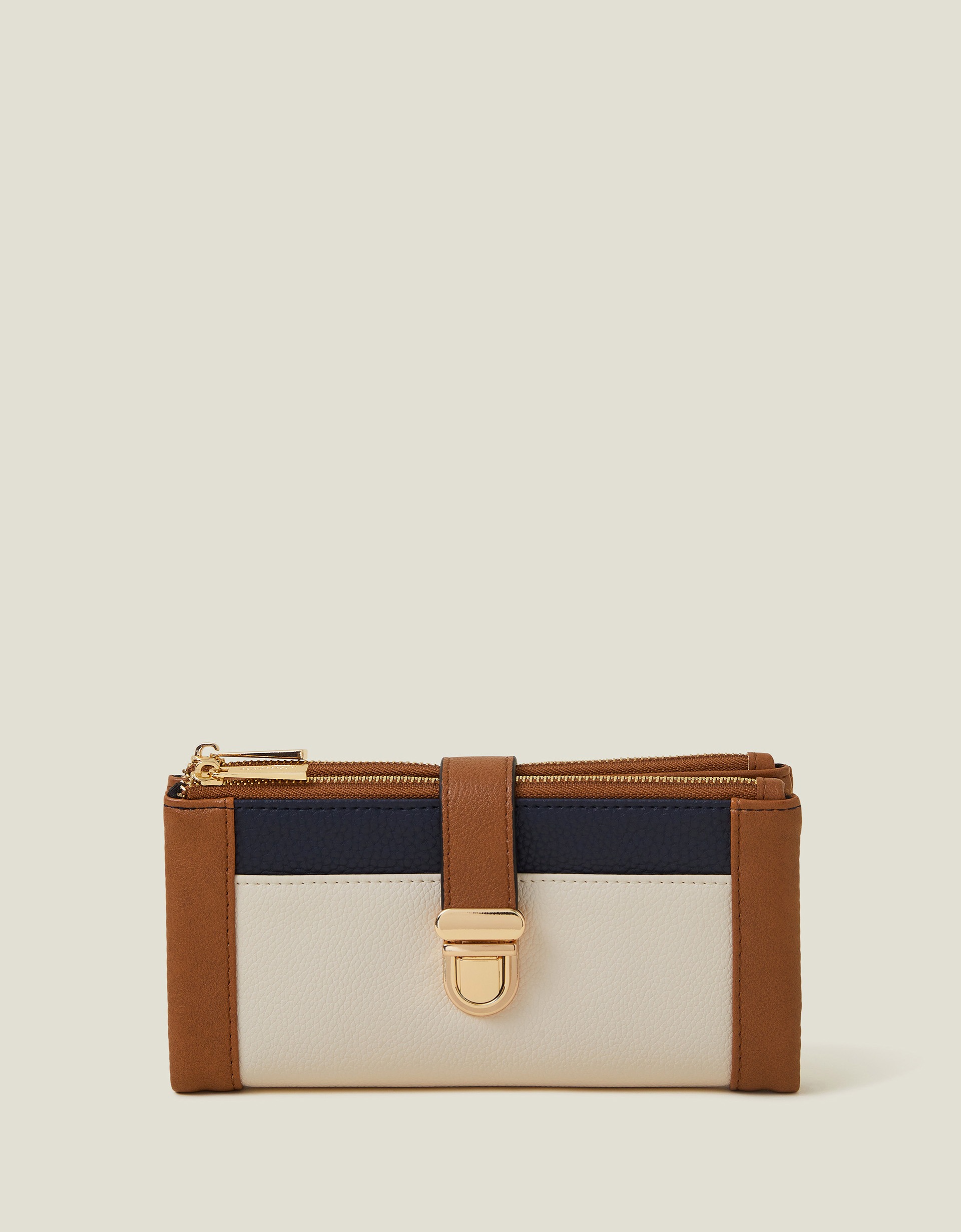 Brown and Cream Pu Push Lock Multi Wallet, Size: 10x19cm, Women's - Accessorize