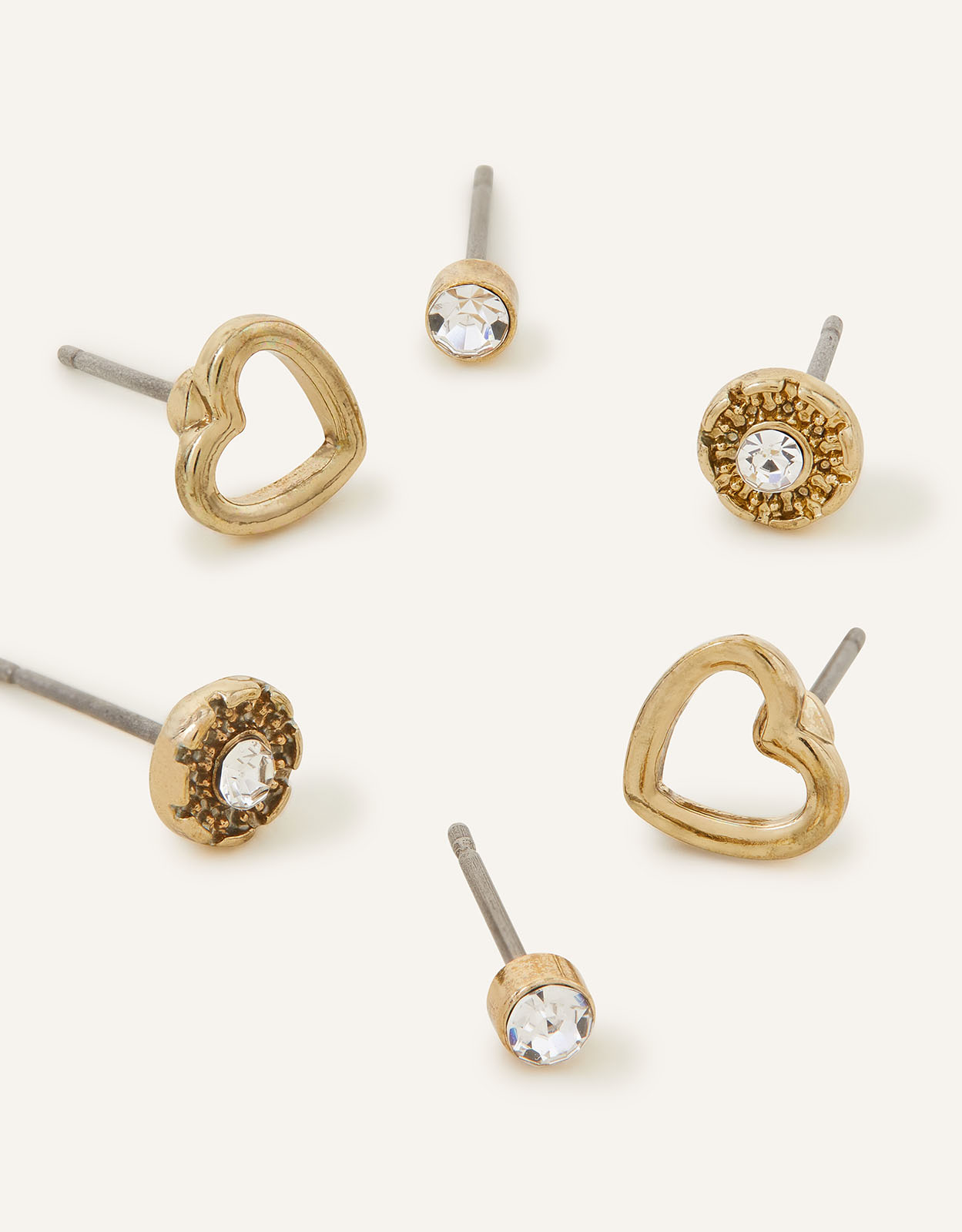 Accessorize Women's Gold Heart Sparkle Earrings Set of Three, Size: One Size