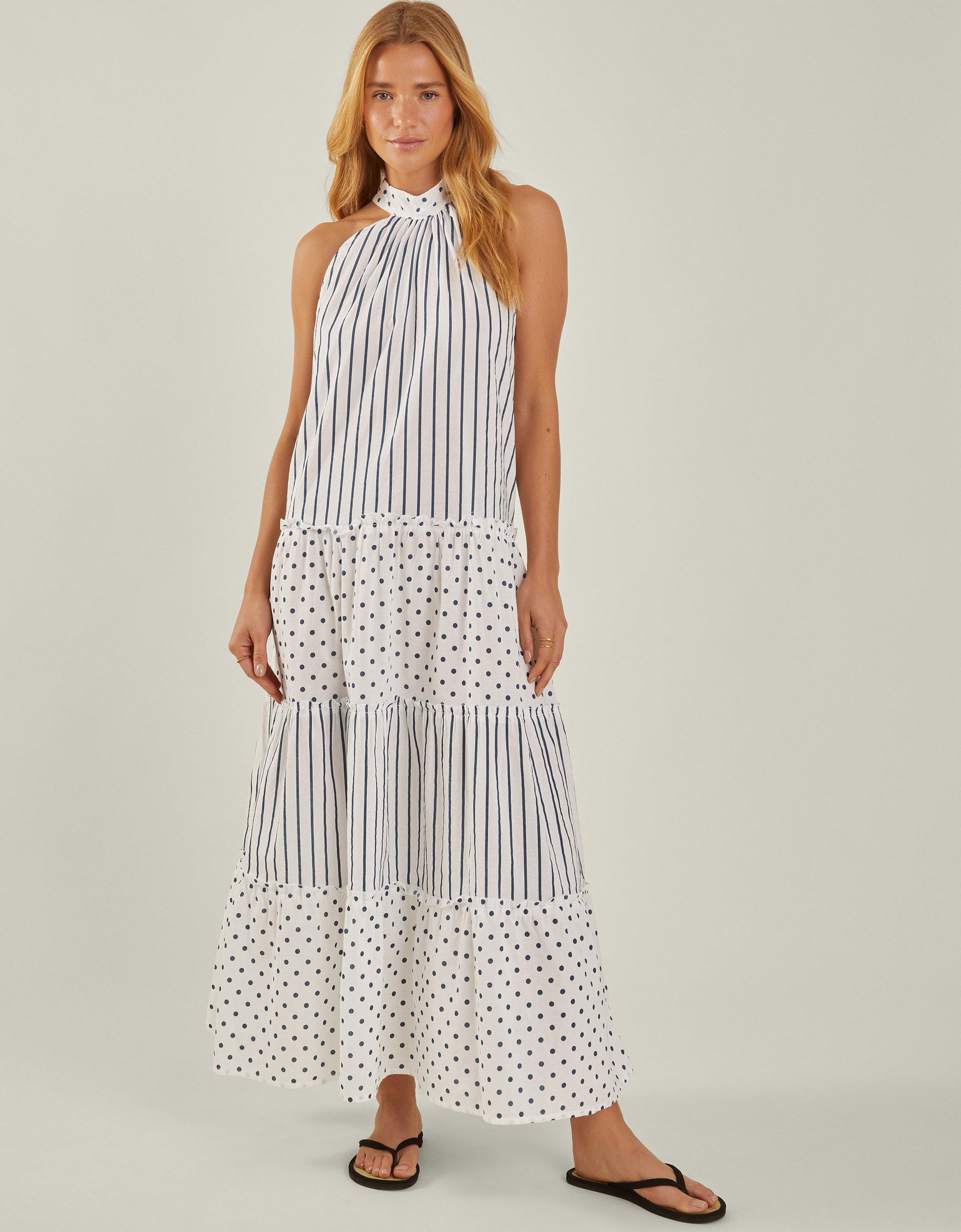 Cream & Blue Polka Dot Stripe Halter Maxi Dress, Size: S, Women's - Accessorize
