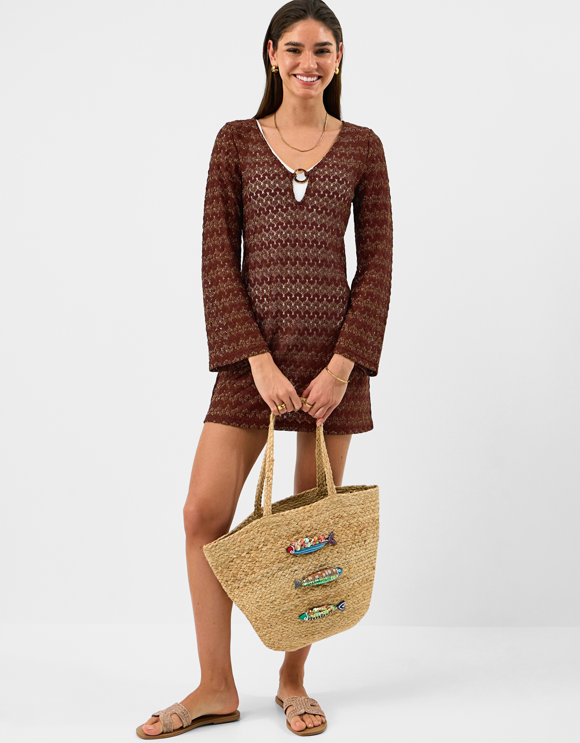 Accessorize Crochet Shimmer Cover Up Bronze, Dark Brown, Size: XL