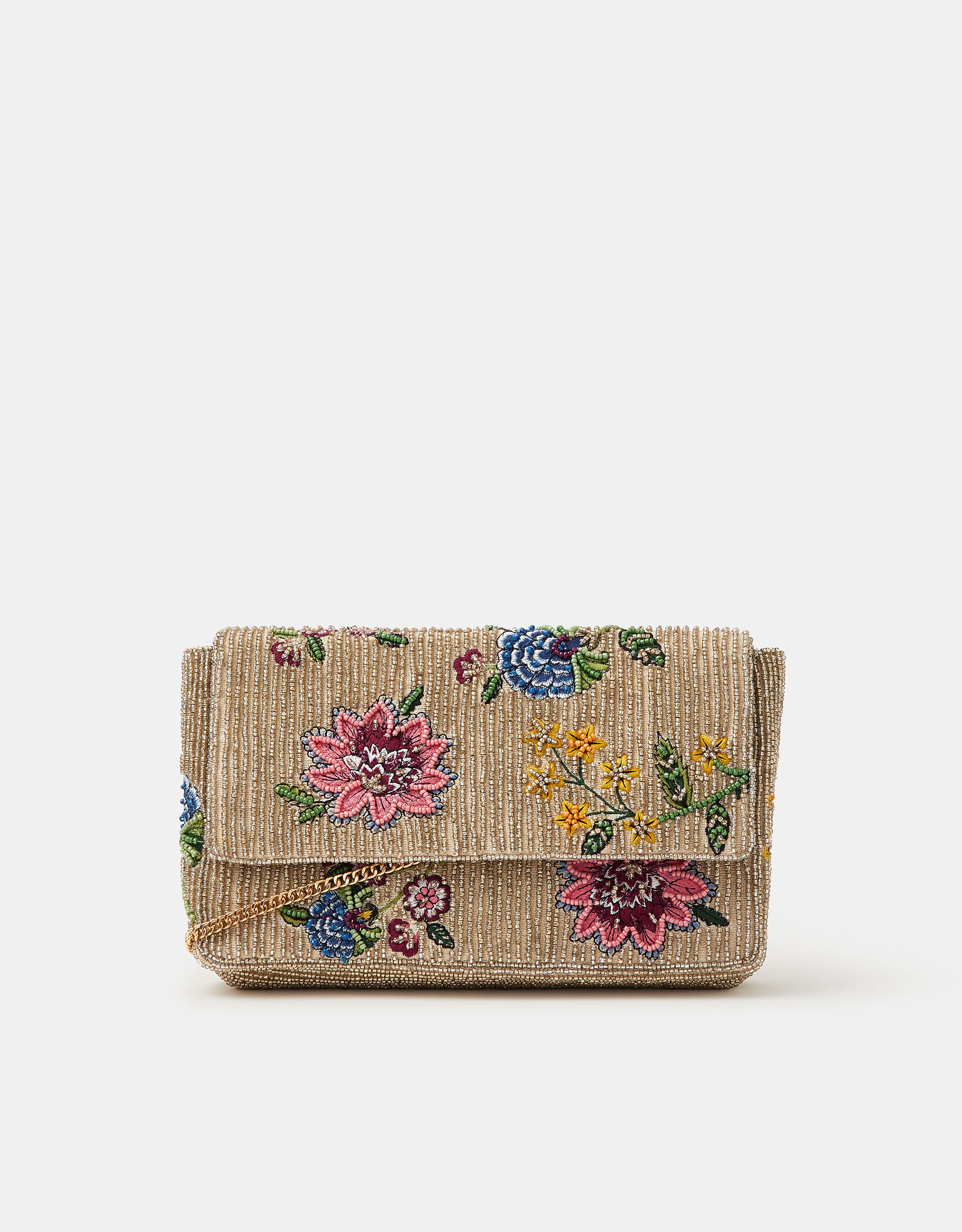 Beige Floral Bead Embellished Clutch Bag