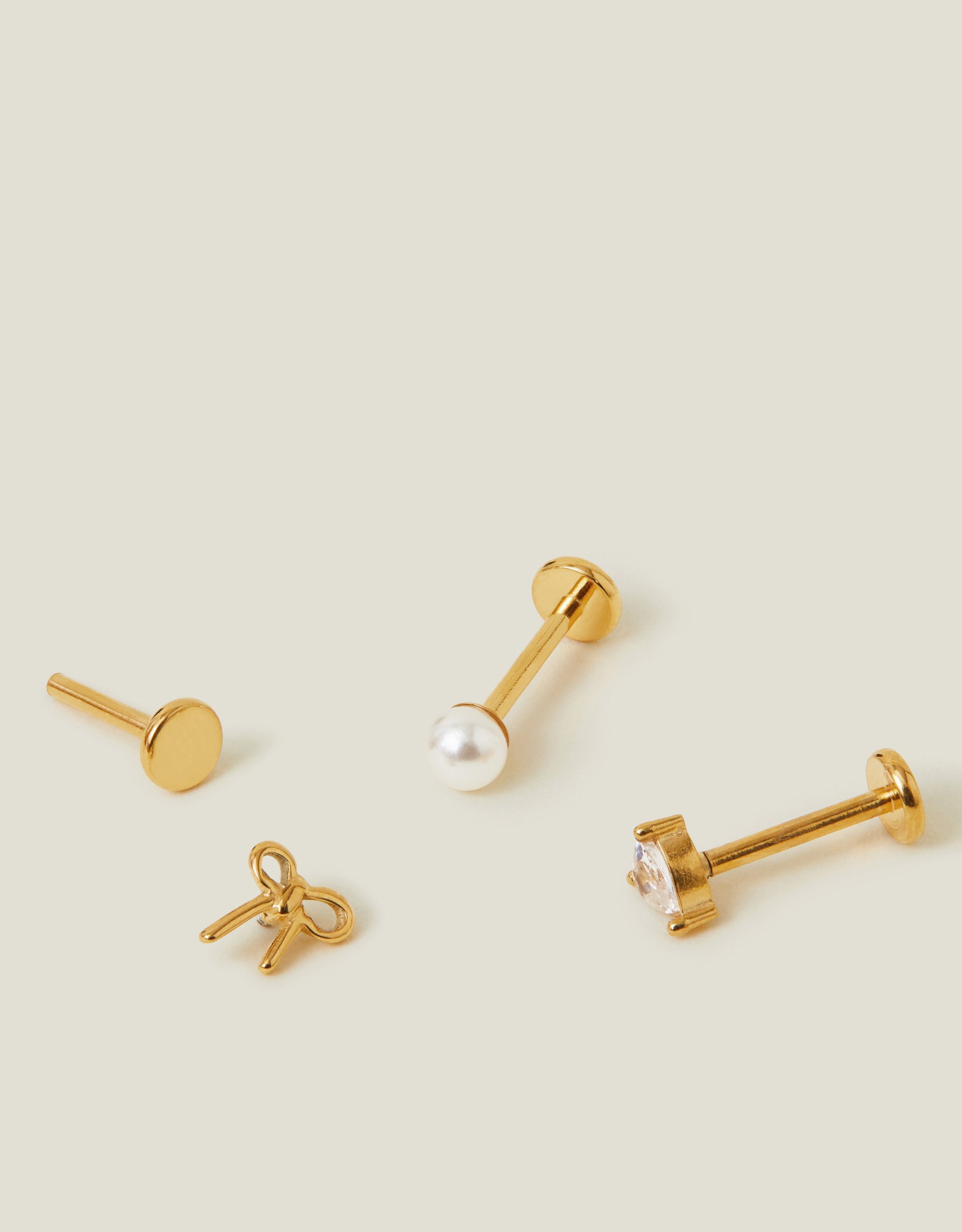 14ct Gold Plated 3-Pack Stainless Steel Surgical Flatback Stud Earrings, Women's - Accessorize