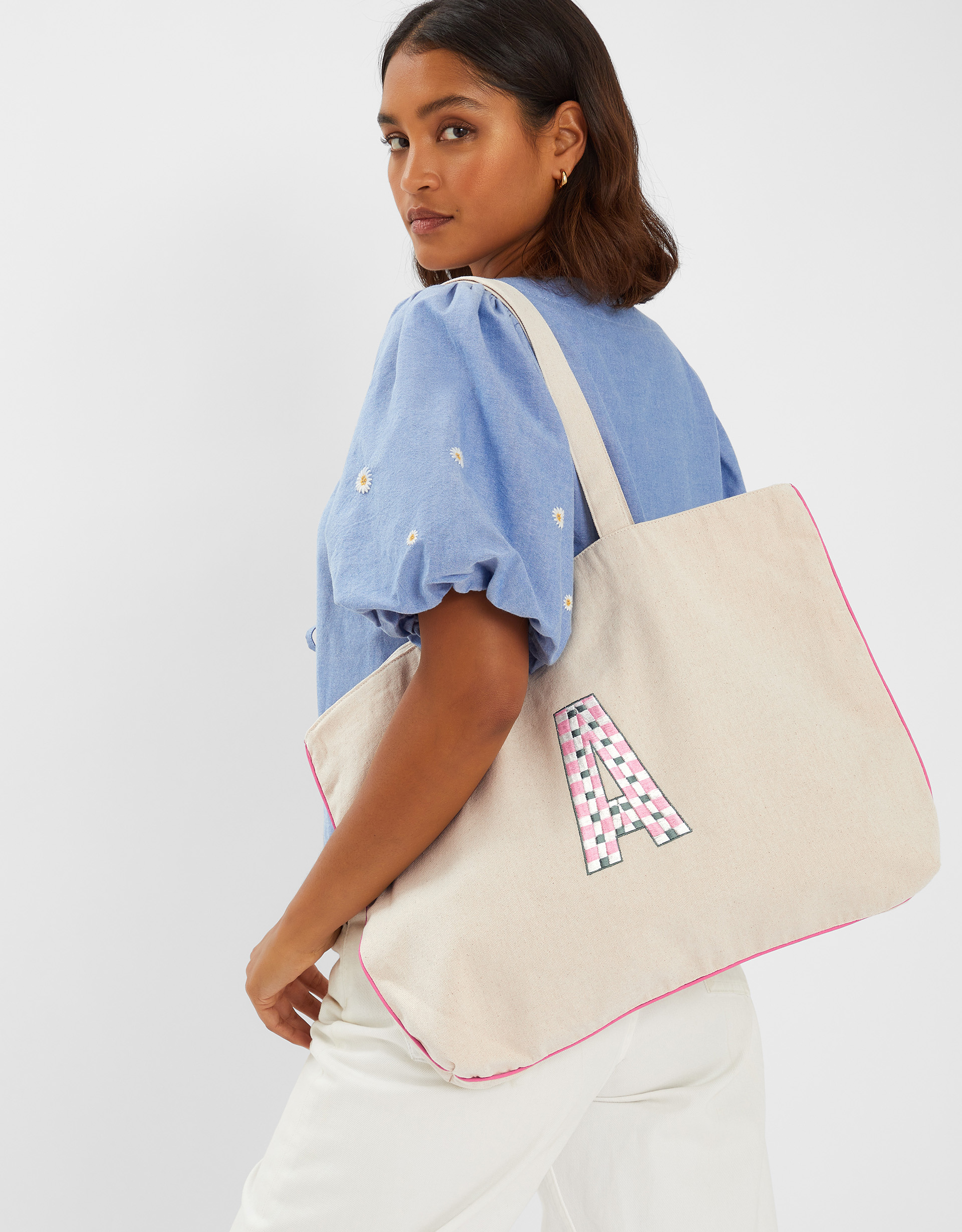 Initial Embroidered Tote Bag Pink, Size: Z - Accessorize