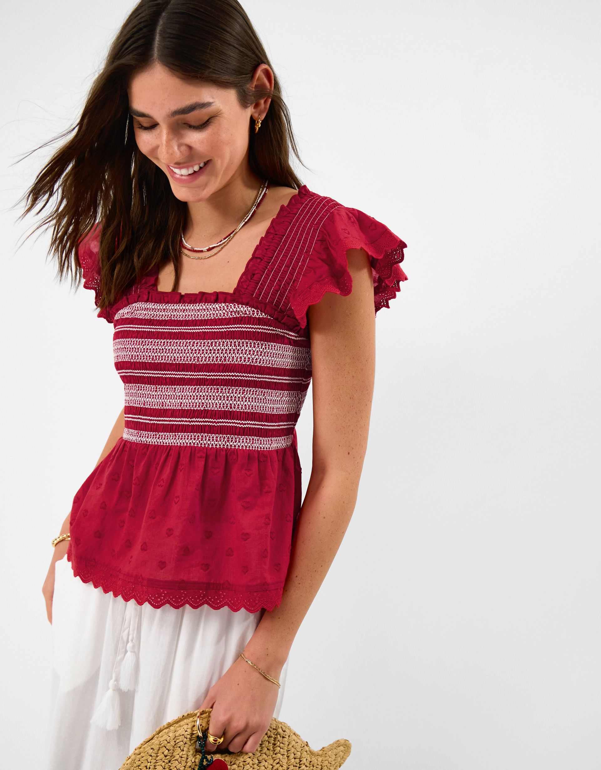 Red/white Smocked Broderie Top Red, Size: XS, Women's