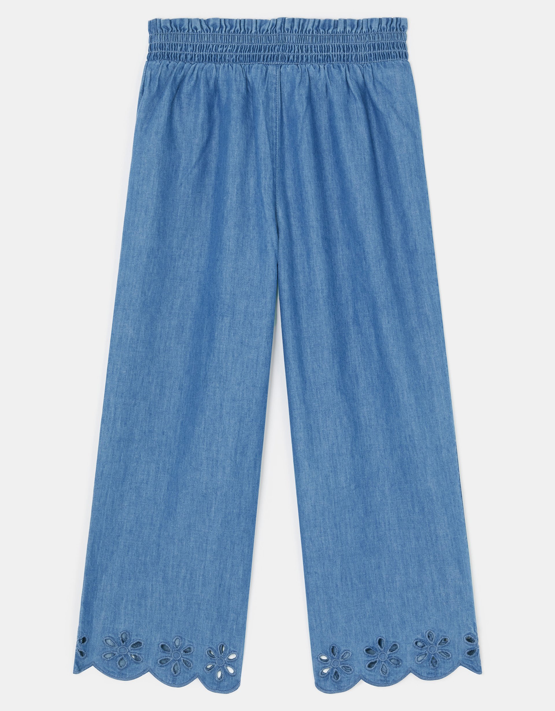 Accessorize Cotton Floral Girls Broderie Chambray Trousers, Blue, Size: 9-10 Years