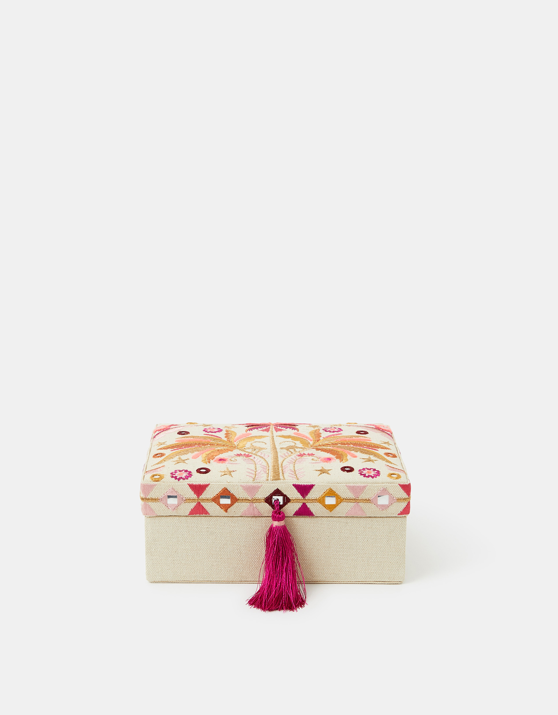 Beige & Pink Palm Embroidered Jewellery Box, Size: 12x12, Women's - Accessorize