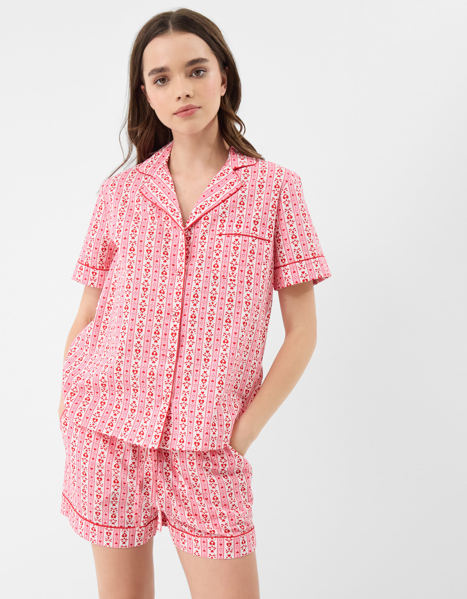 Accessorize Short Sleeve Collared Neck Cotton Heart Print Shorts Pyjama Set Pink, & Red, Size: