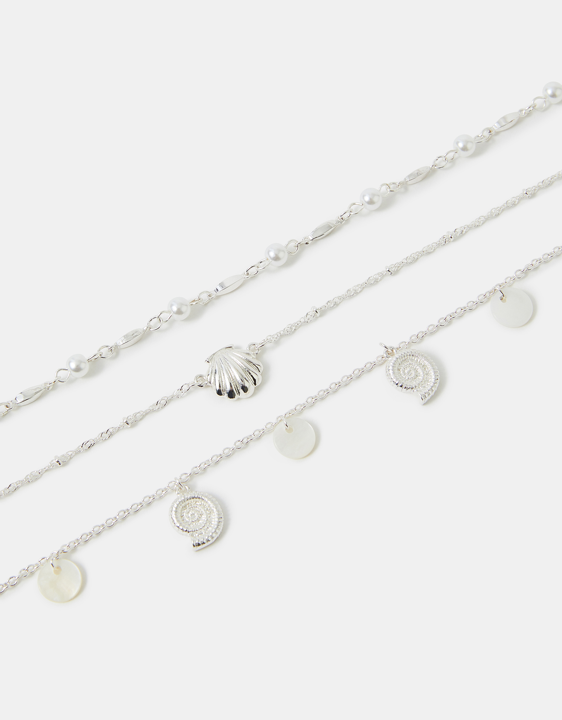 Accessorize Steel 3-Pack Shell Charm Anklets, Silver, Size: 24cm