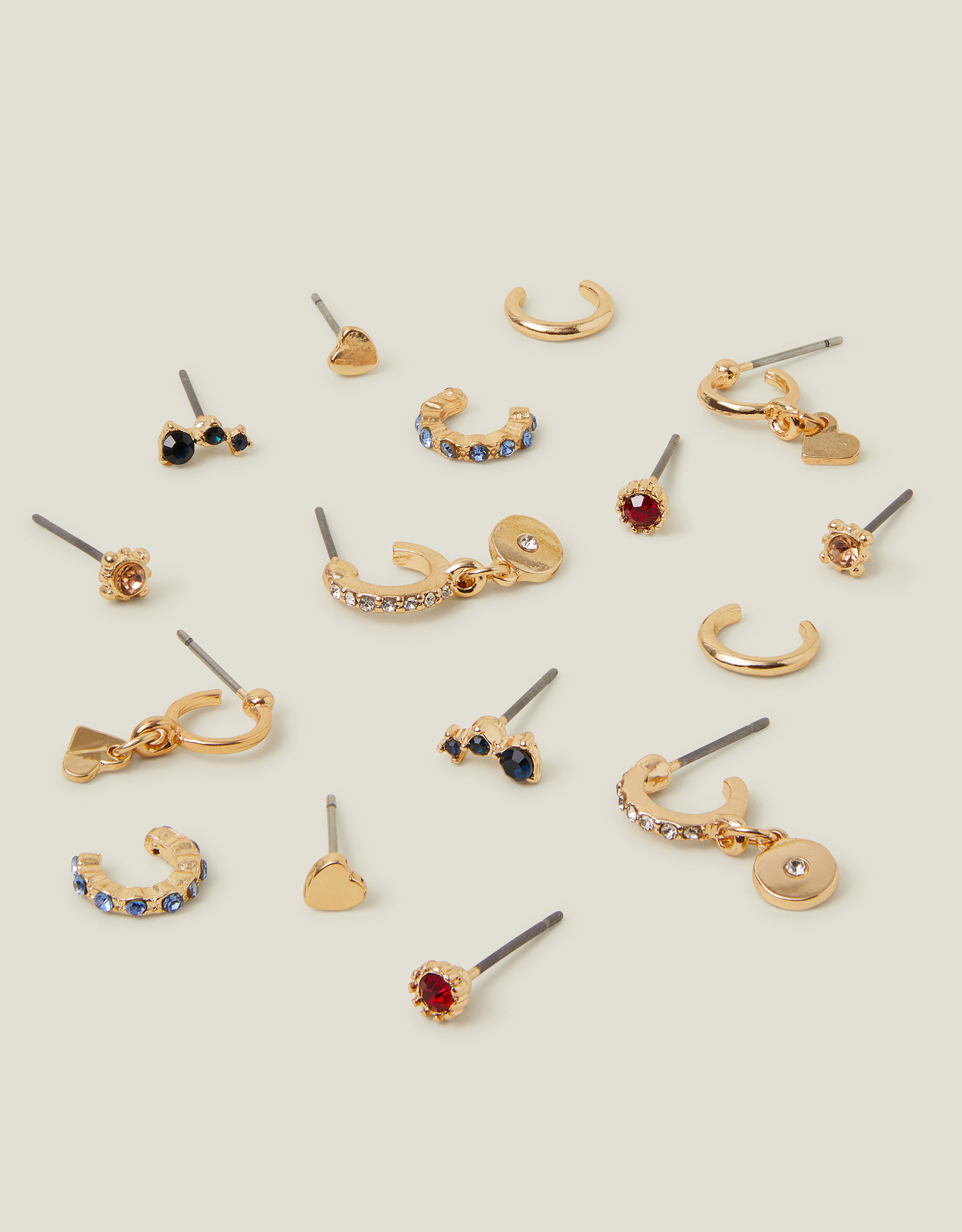 Gold 16-Pack Gemstone Stud Hoop and Cuff Earrings, Women's - Accessorize