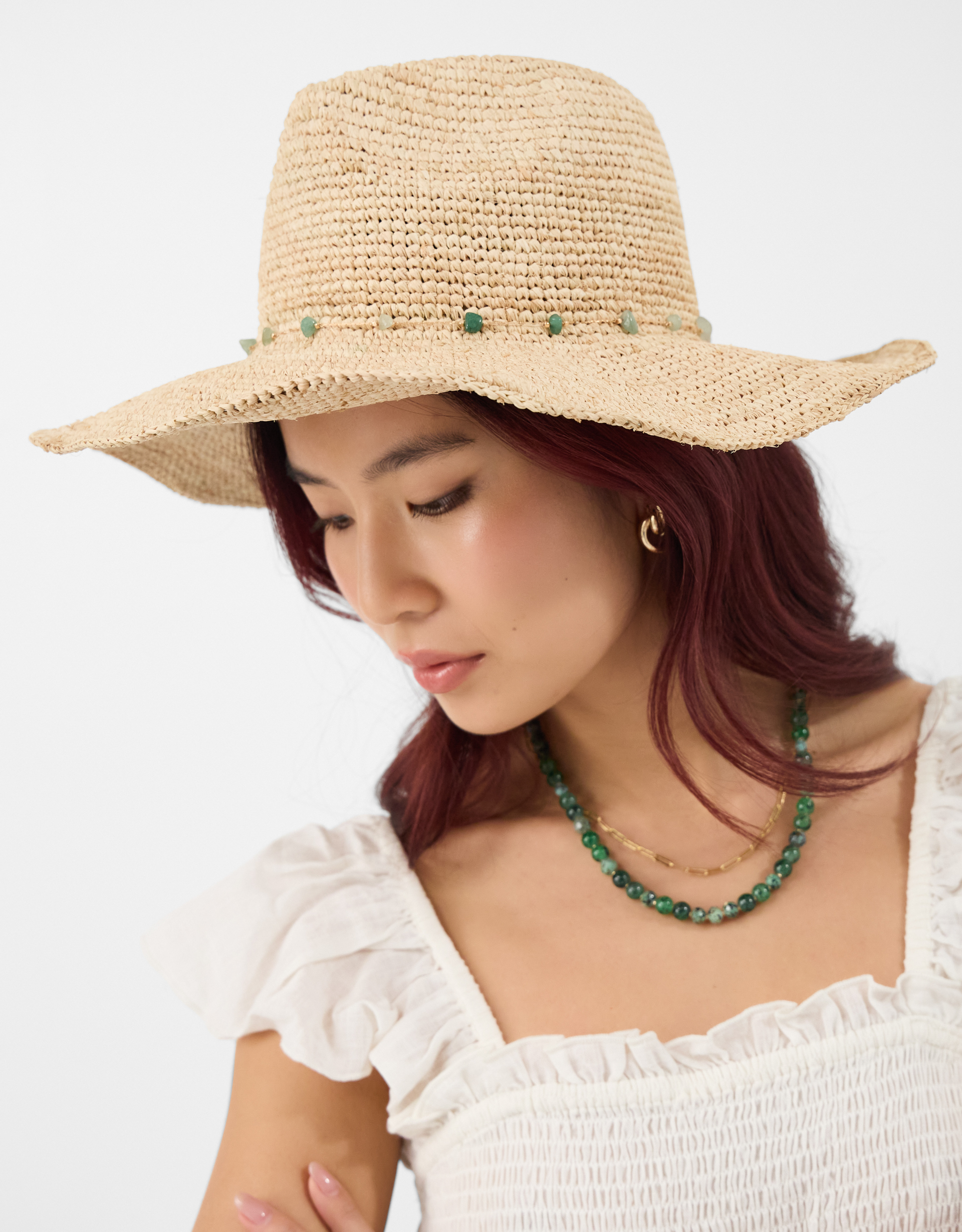 Accessorize Bead Trim Fedora Hat, White