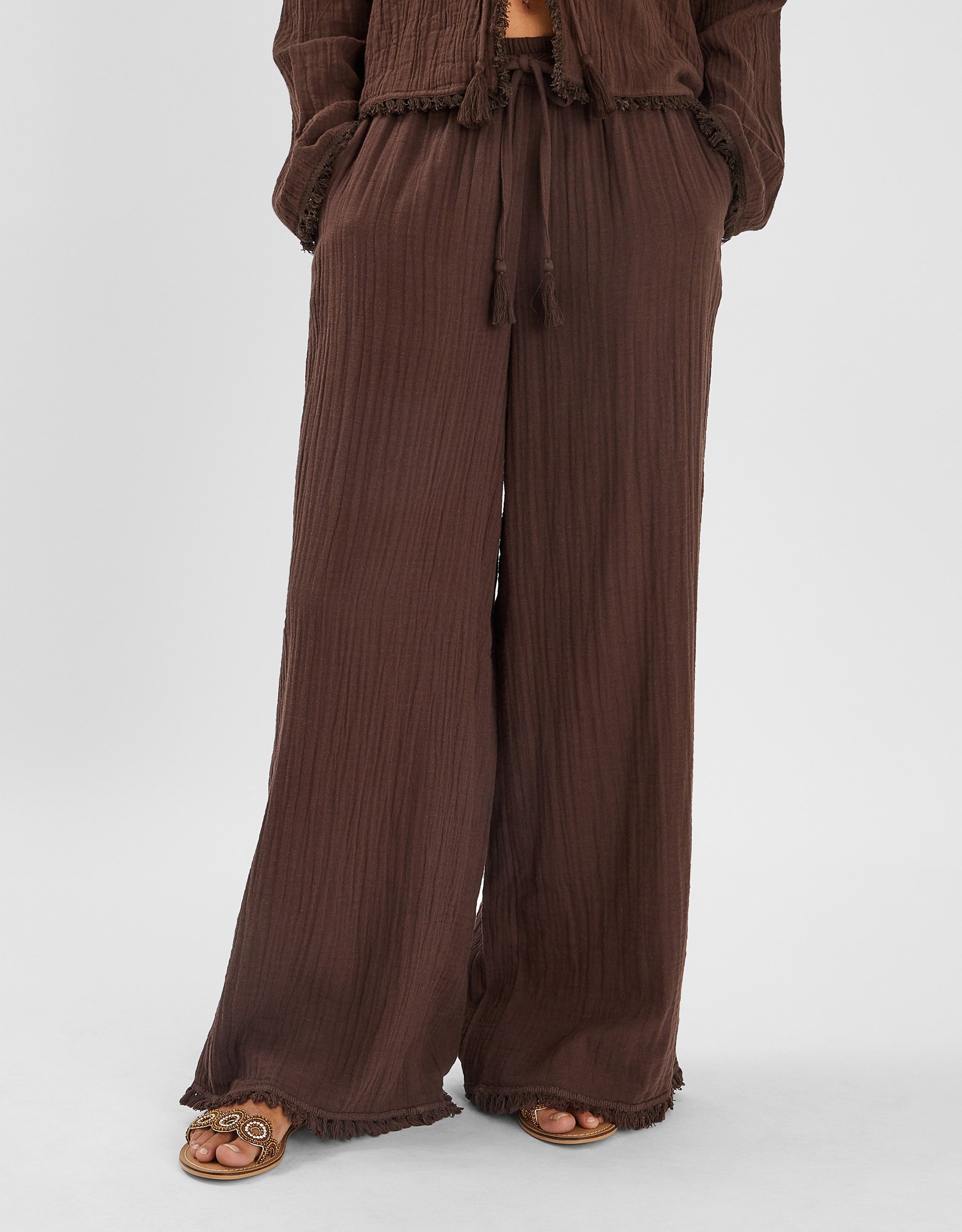 Crinkle Wide Leg Trousers Brown, Size: L - Accessorize