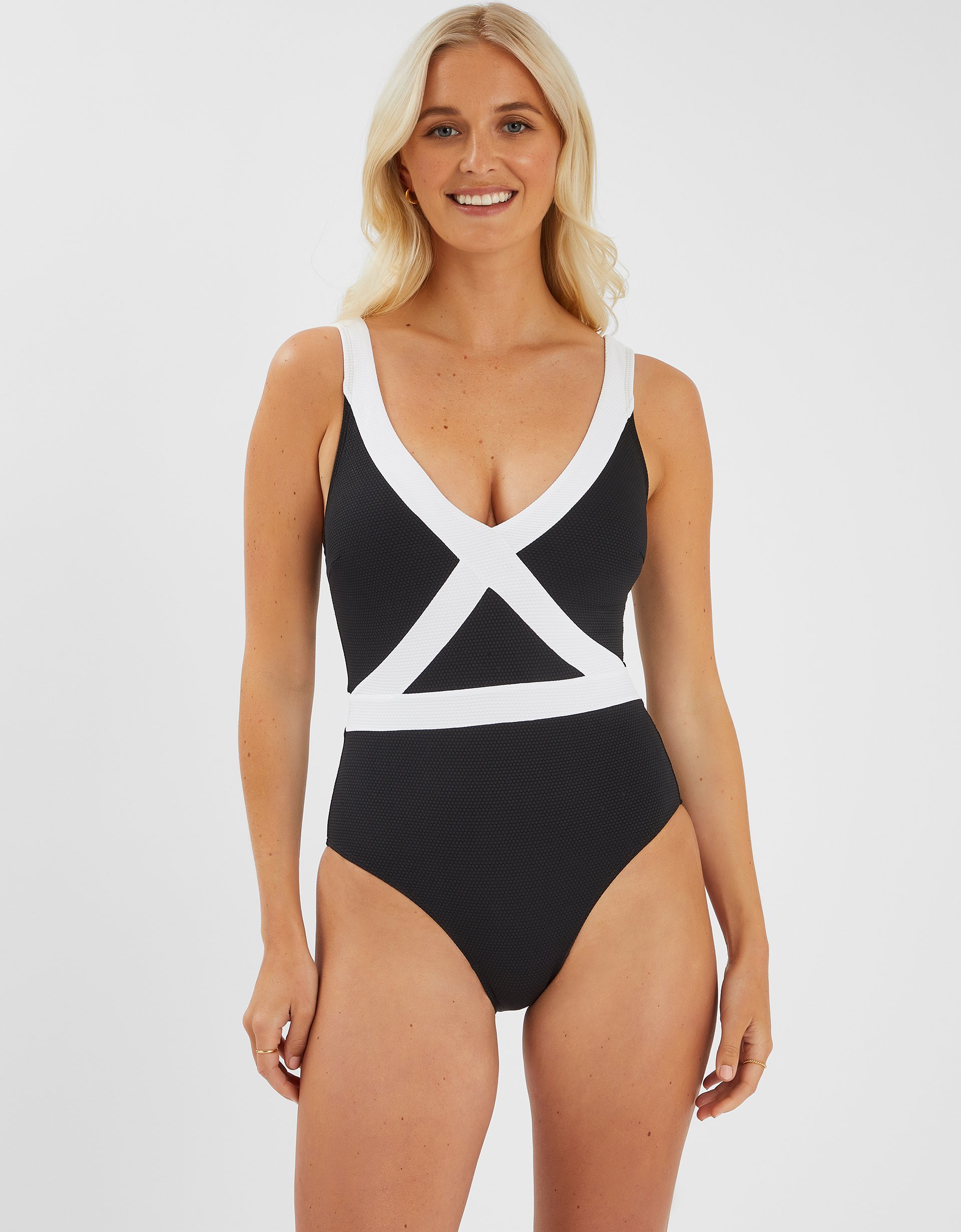 Black & White Textured Monochrome Shaping Swimsuit, Size: 10, Women's - Accessorize