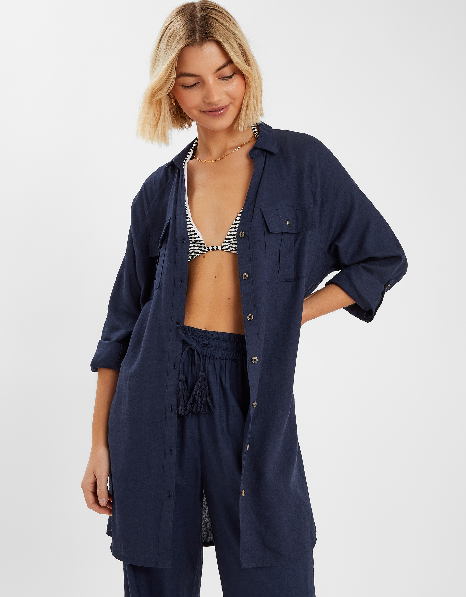 Navy Blue Long Sleeve Beach Cover Up Shirt, Size: L, Women's - Accessorize