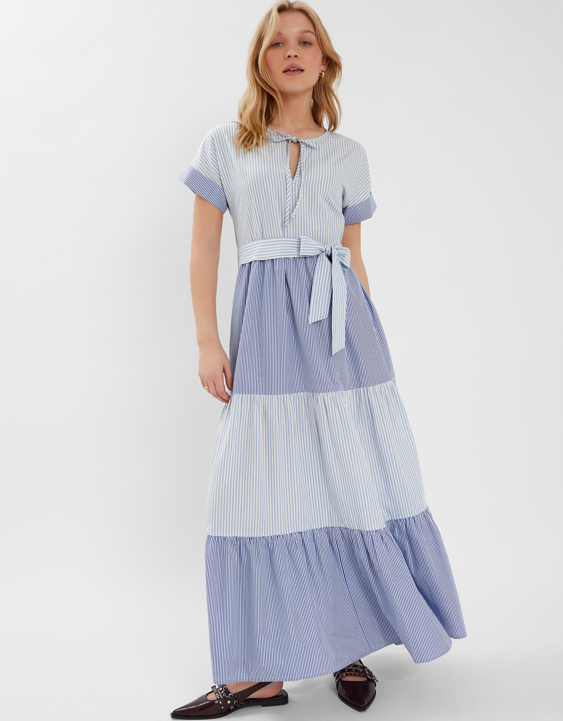 Blue & White Colourblock Stripe Tiered Maxi Dress, Size: M, Women's - Accessorize