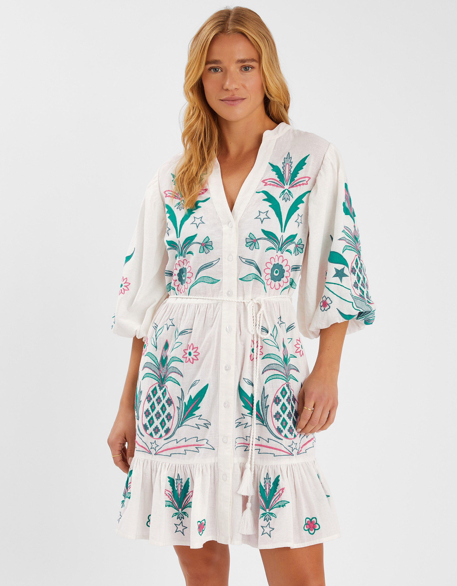 Pineapple Embroidered Mini Dress White, Size: S - Accessorize