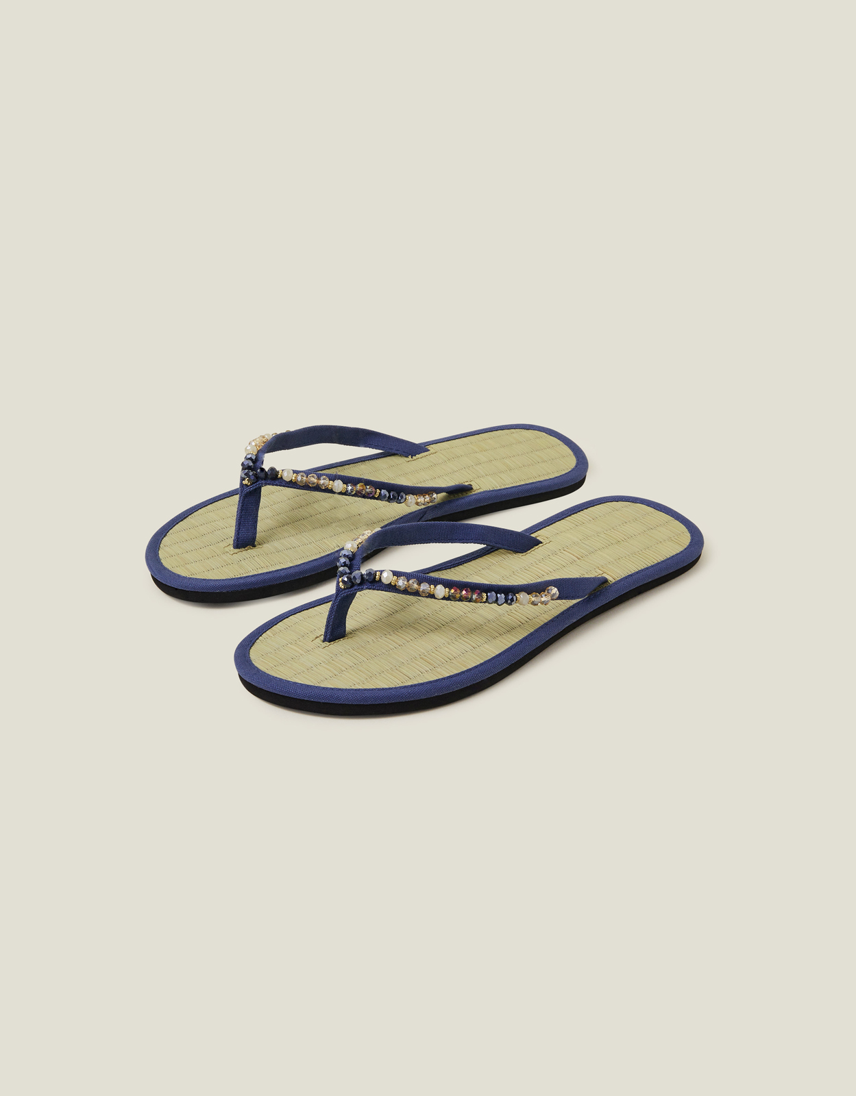 Navy Blue Embellished Seagrass Facet Bead Flip Flops, Size: L, Women's - Accessorize
