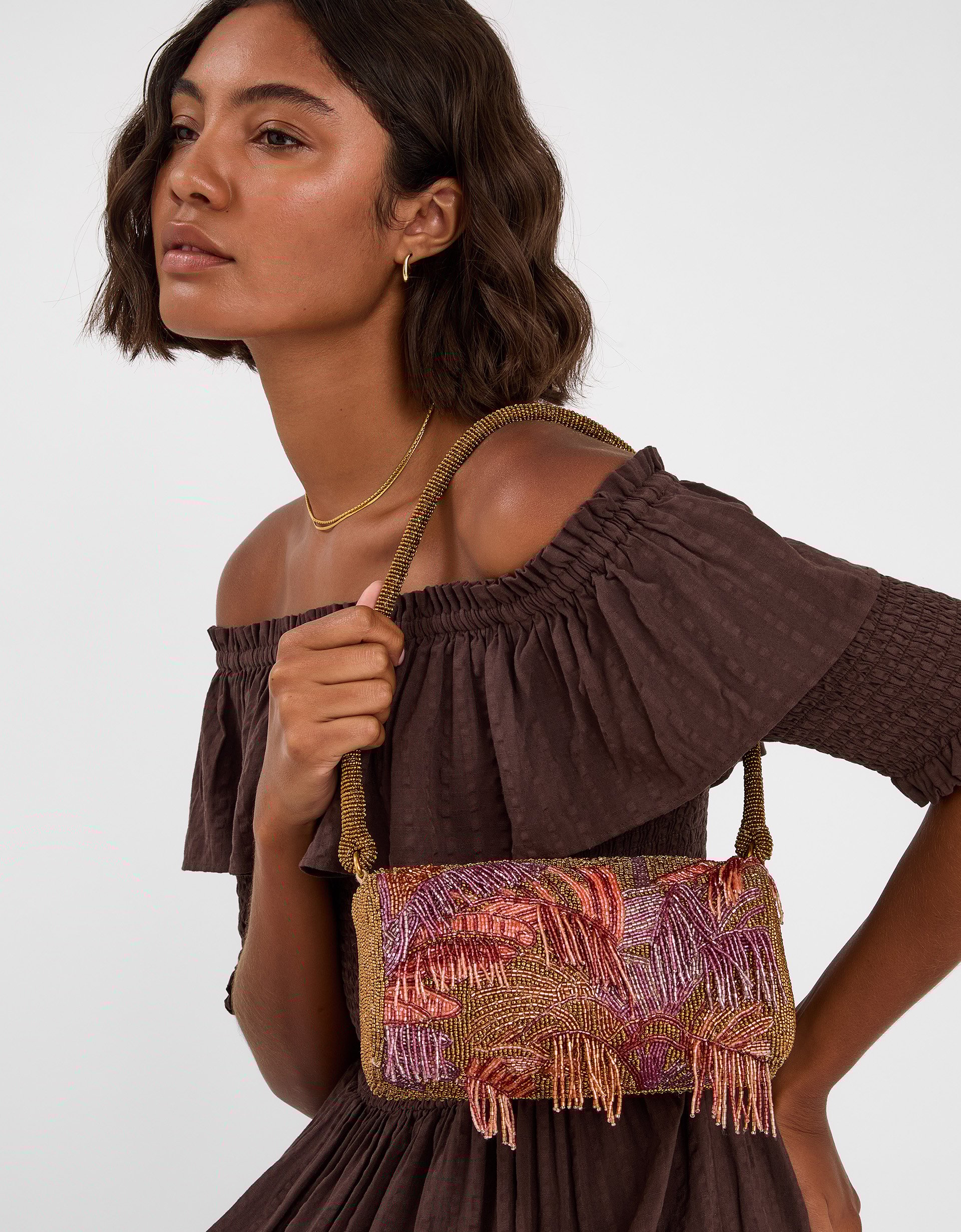 Purple Beaded Fringe Shoulder Bag - Accessorize