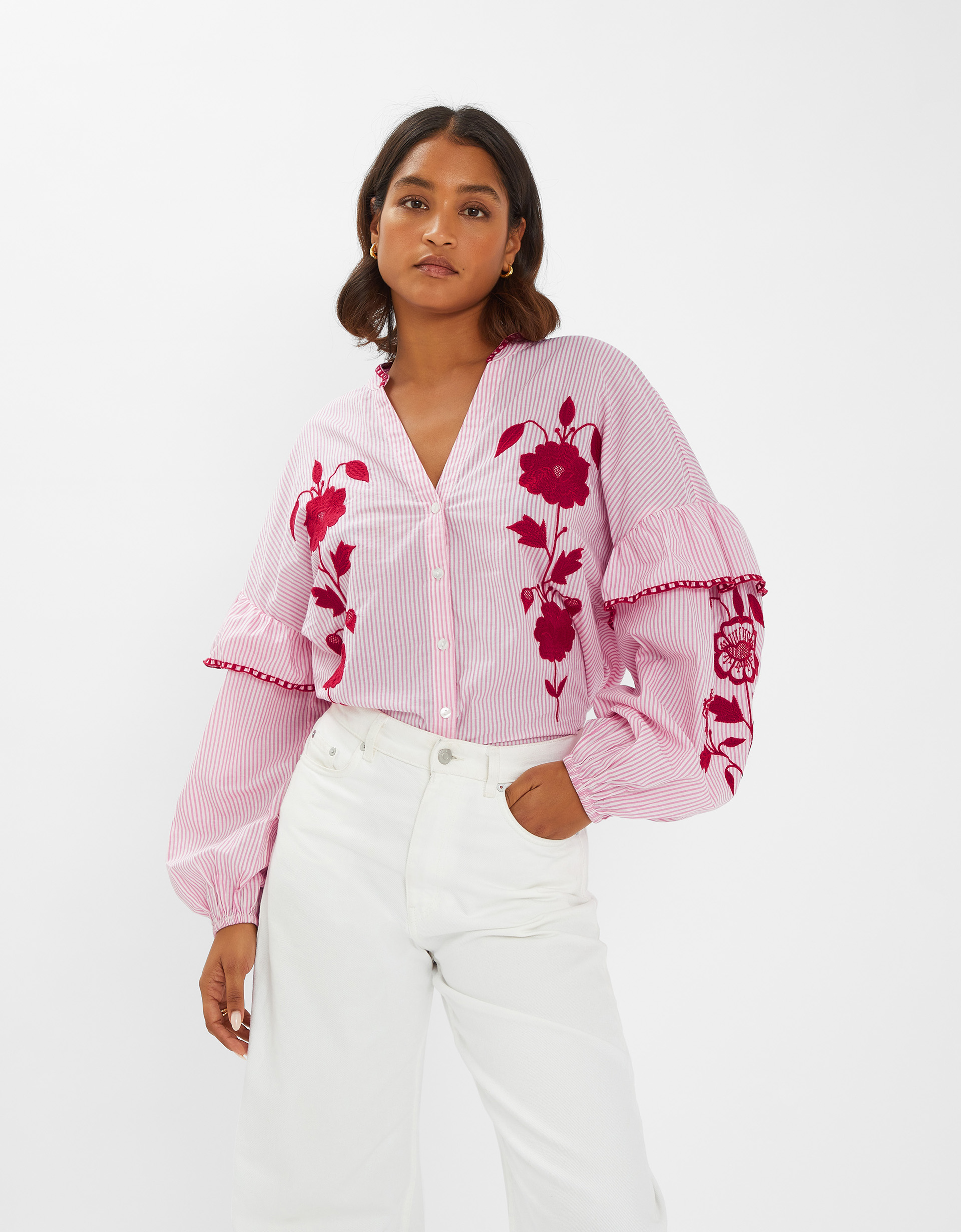 Floral Embroidered Stripe Blouse Red, Size: M - Accessorize
