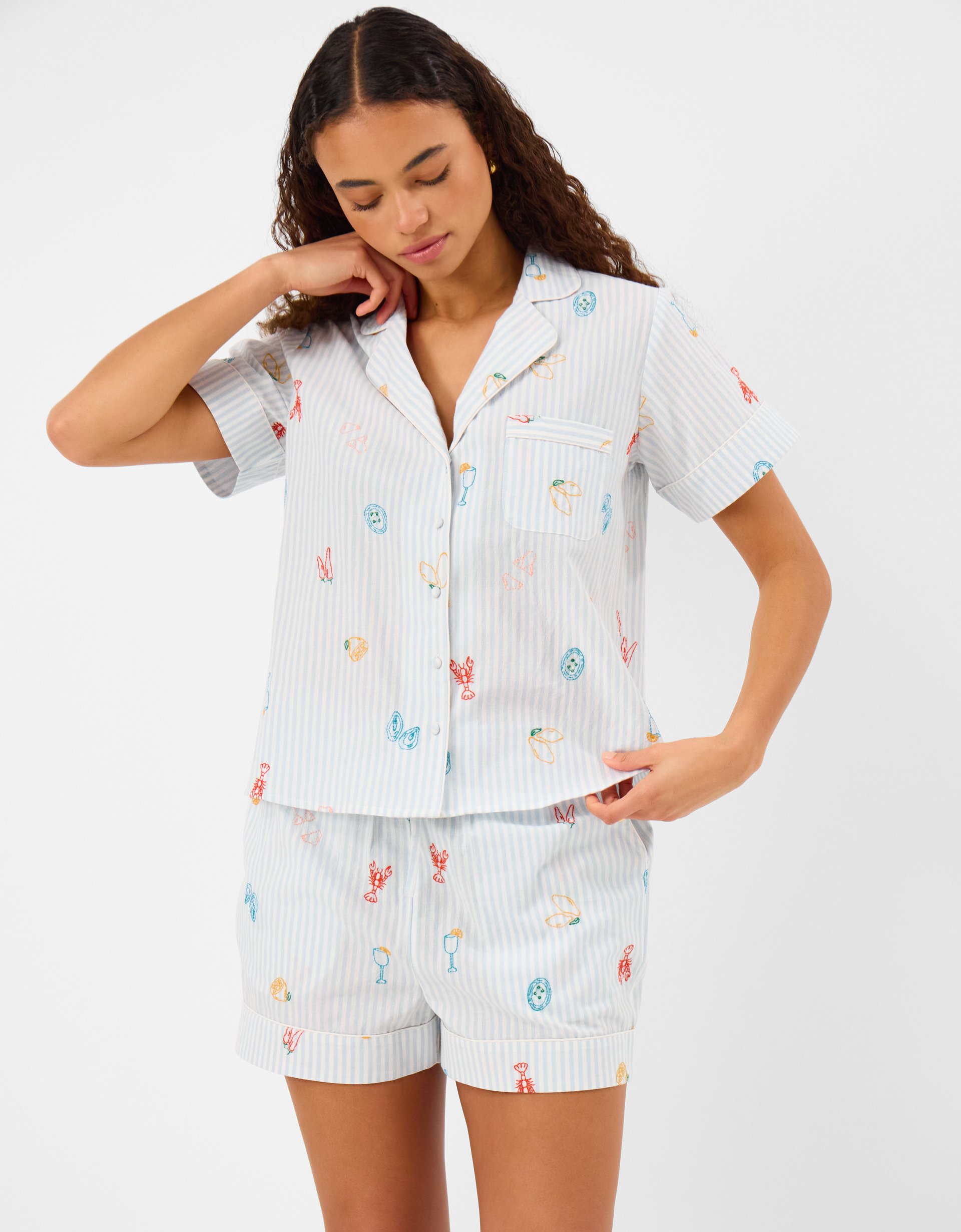 Accessorize Cotton Embroidered Stripe Short Pyjamas Set, Blue, Size: L