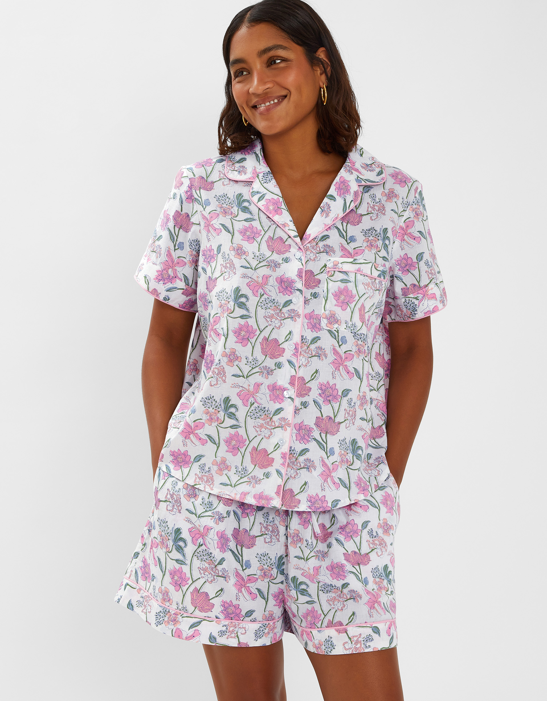 Pink, White & Green Cotton Jasmine Floral Print Pyjama Set, Size: M, Women's - Accessorize
