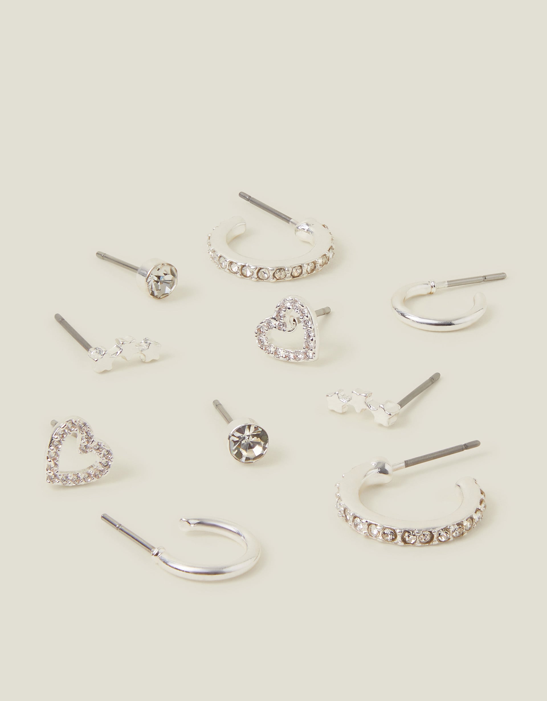 Accessorize Star 10-Pack Diamanté Stud & Hoop Earrings, Silver